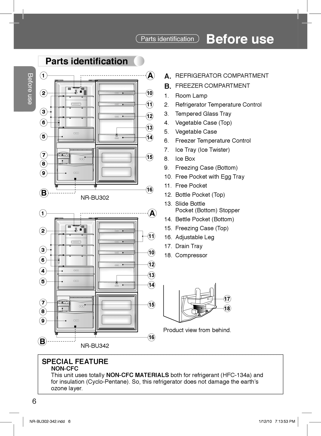 Panasonic NR-BU302, NR-BU342 manual Special Feature, Parts identiﬁcation Before use 