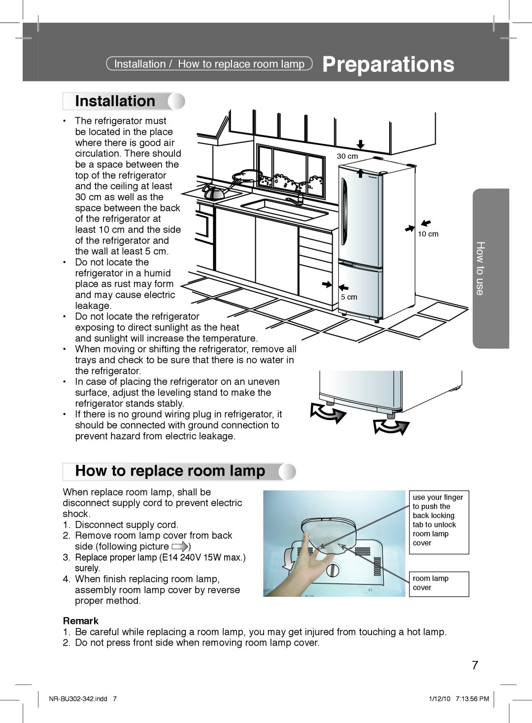 Panasonic NR-BU342, NR-BU302 manual Installation / How to replace room lamp Preparations, How to use 