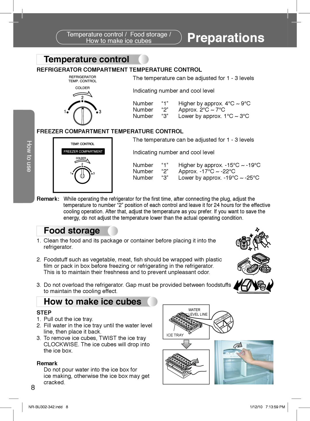Panasonic NR-BU302, NR-BU342 manual Preparations, Temperature control, Food storage, How to make ice cubes, How to use 
