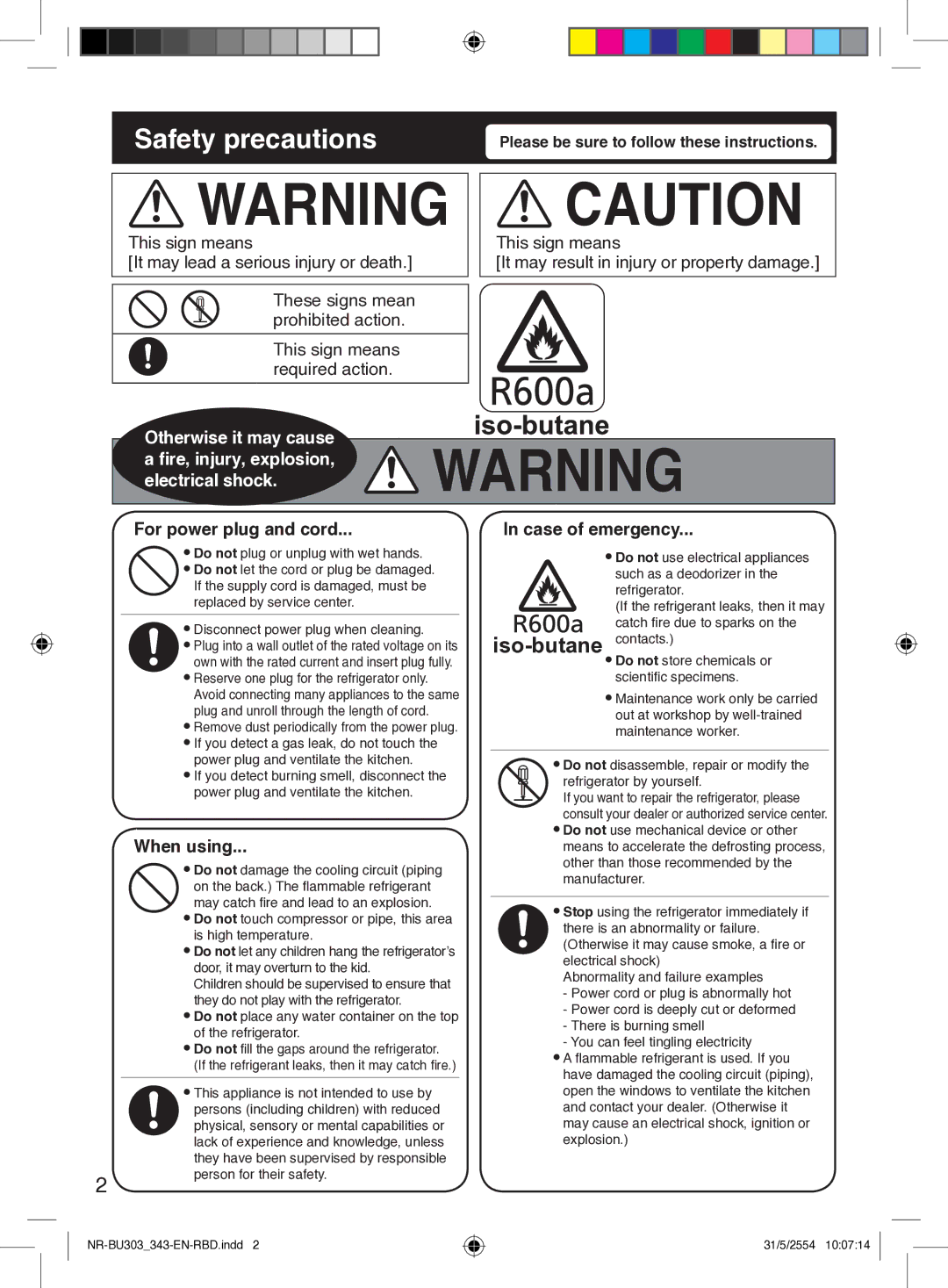 Panasonic NR-BU303, NR-BU343 warranty Safety precautions, For power plug and cord, When using, Case of emergency 