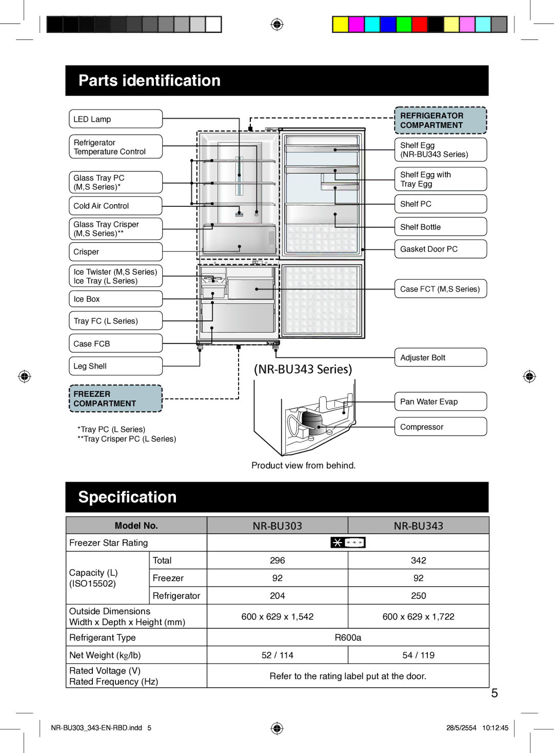 Panasonic NR-BU343, NR-BU303 warranty Parts identification, Specification, Model No 