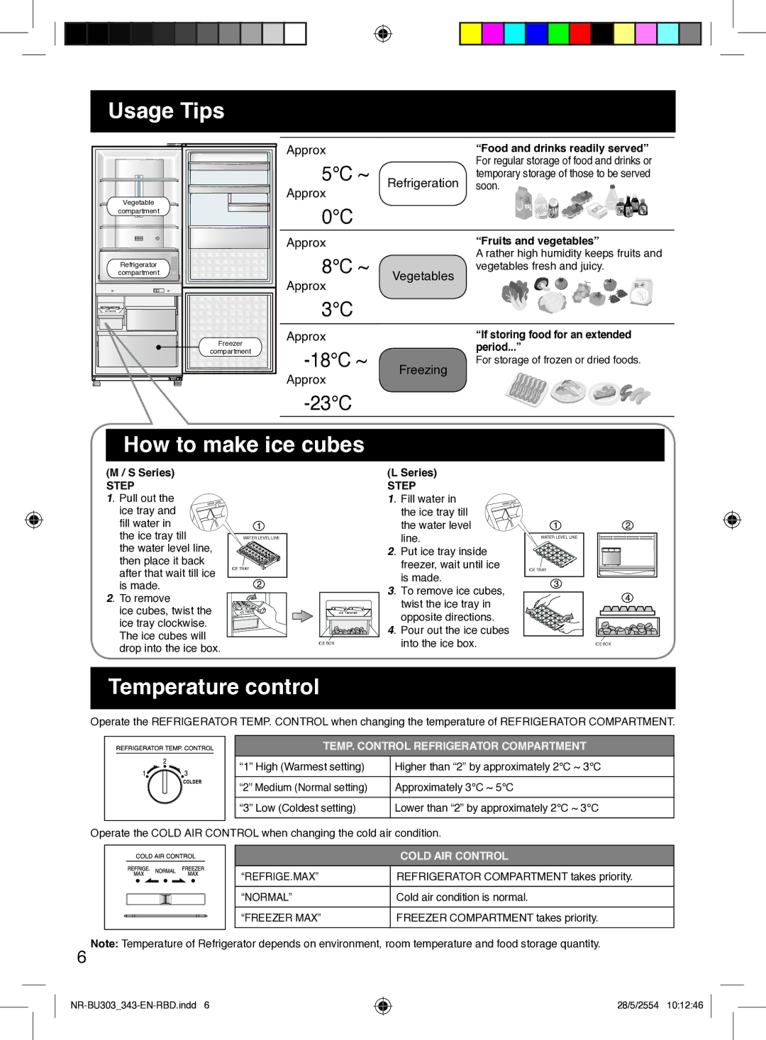 Panasonic NR-BU303, NR-BU343 warranty Usage Tips, How to make ice cubes, Temperature control, Step 