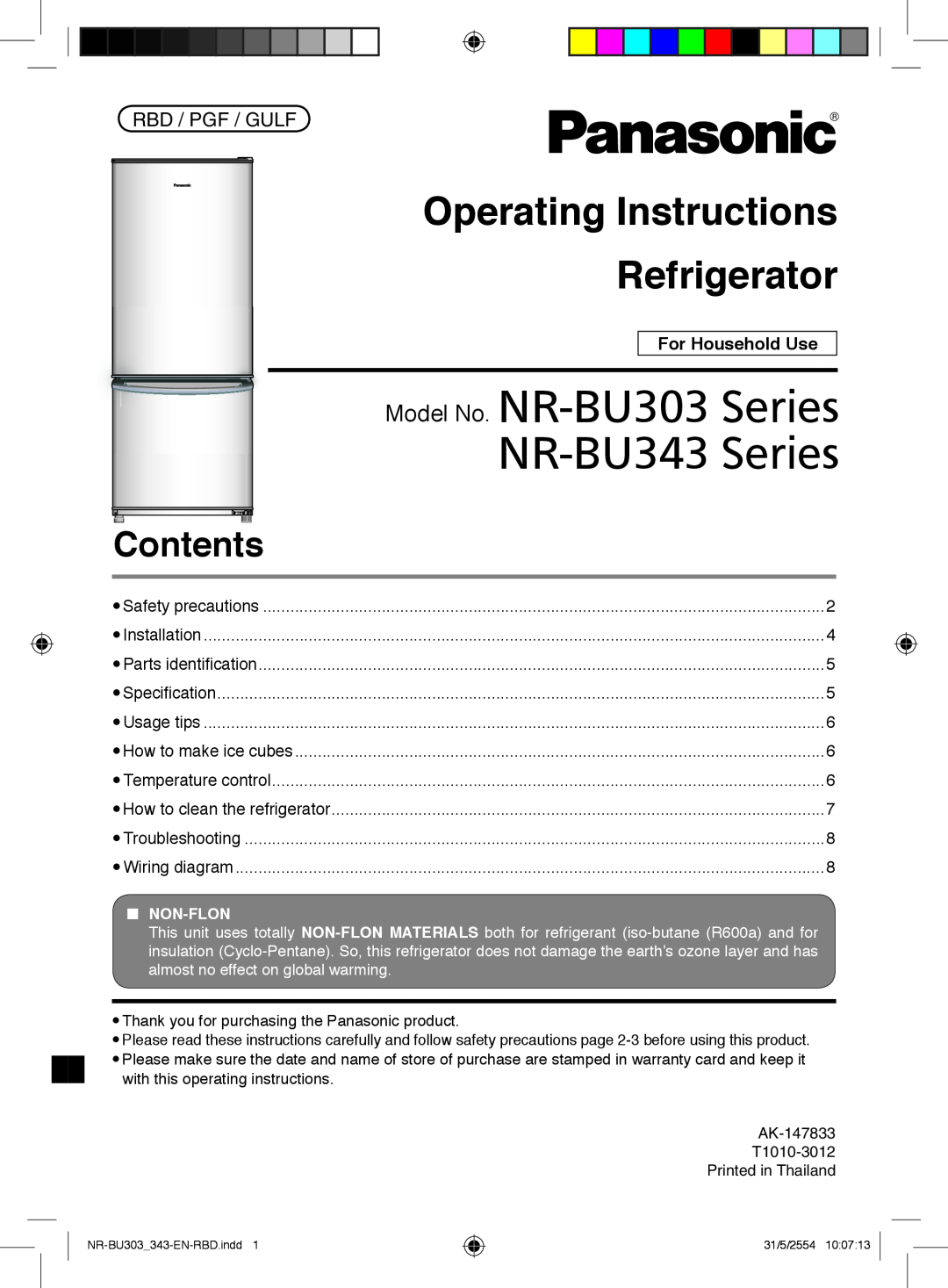 Panasonic NR-BU343 warranty For Household Use, Operating Instructions, Refrigerator, Model No. NR-BU303Series, Contents 