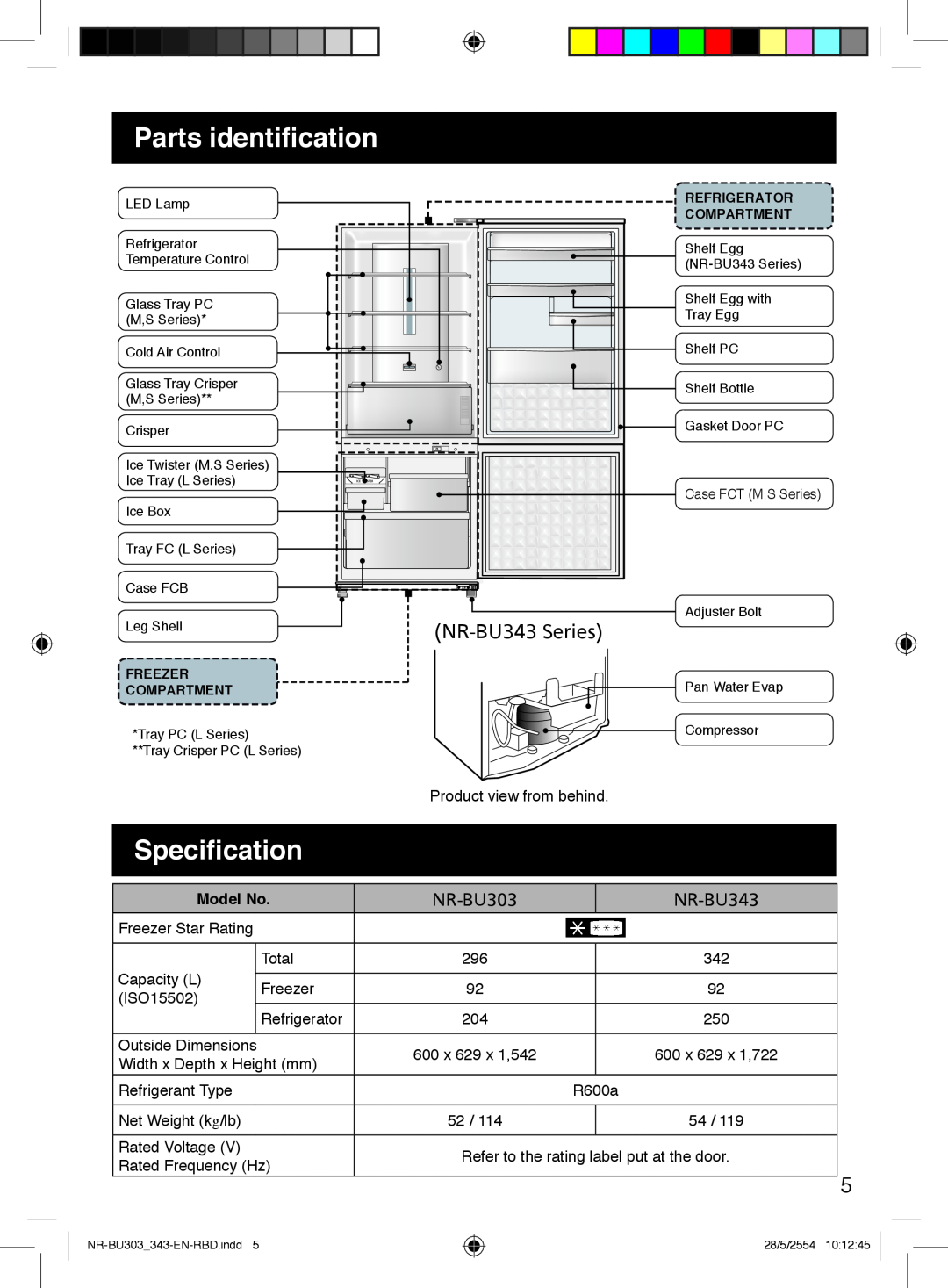 Panasonic NR-BU303 warranty Parts identification, Specification, NR-BU343Series, Model No 
