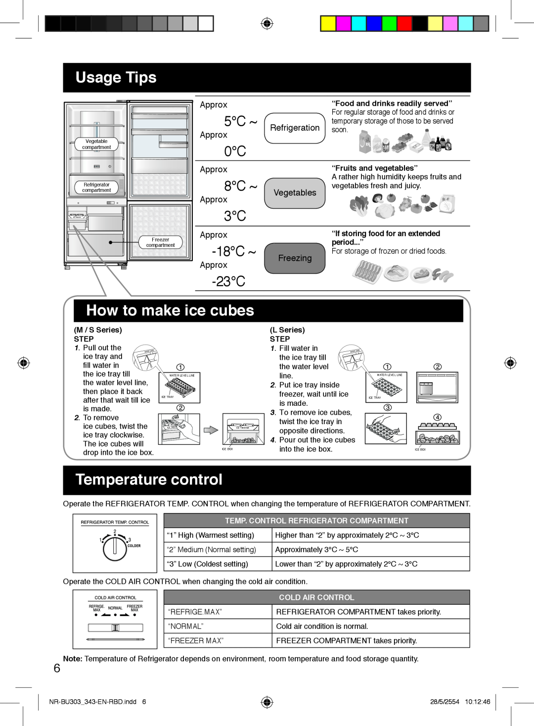 Panasonic NR-BU303 Usage Tips, How to make ice cubes, Temperature control, 5C ~, 8C ~, 18C~, Refrigeration, Vegetables 