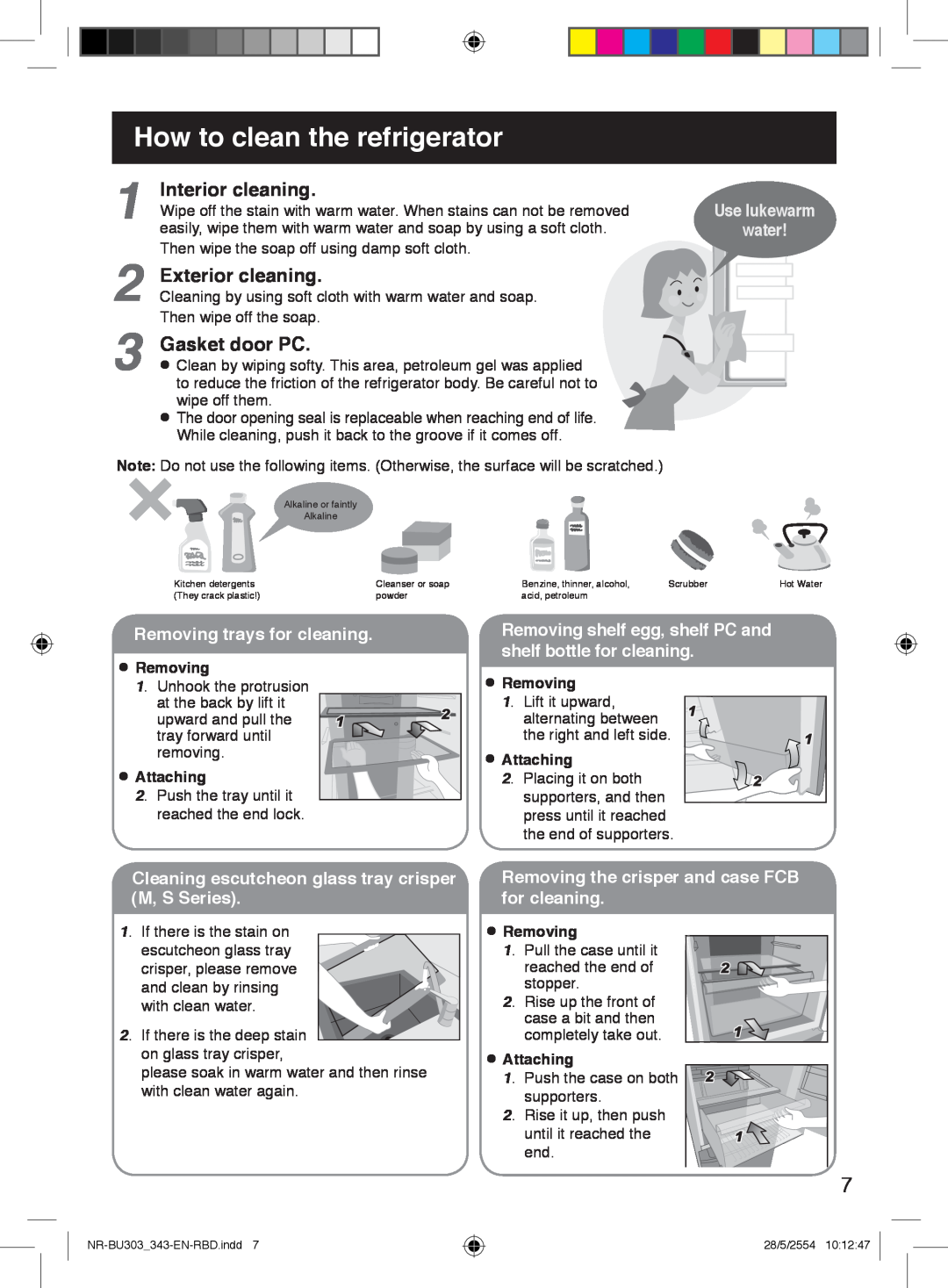 Panasonic NR-BU343 How to clean the refrigerator, Removing trays for cleaning, Removing shelf egg, shelf PC and, Removing 
