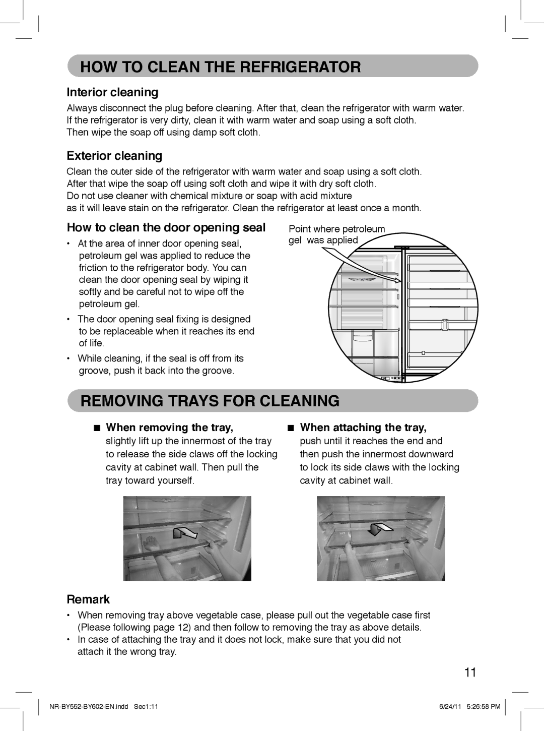 Panasonic NR-BY602, NR-BY552 operating instructions HOW to Clean the Refrigerator, Removing Trays for Cleaning 