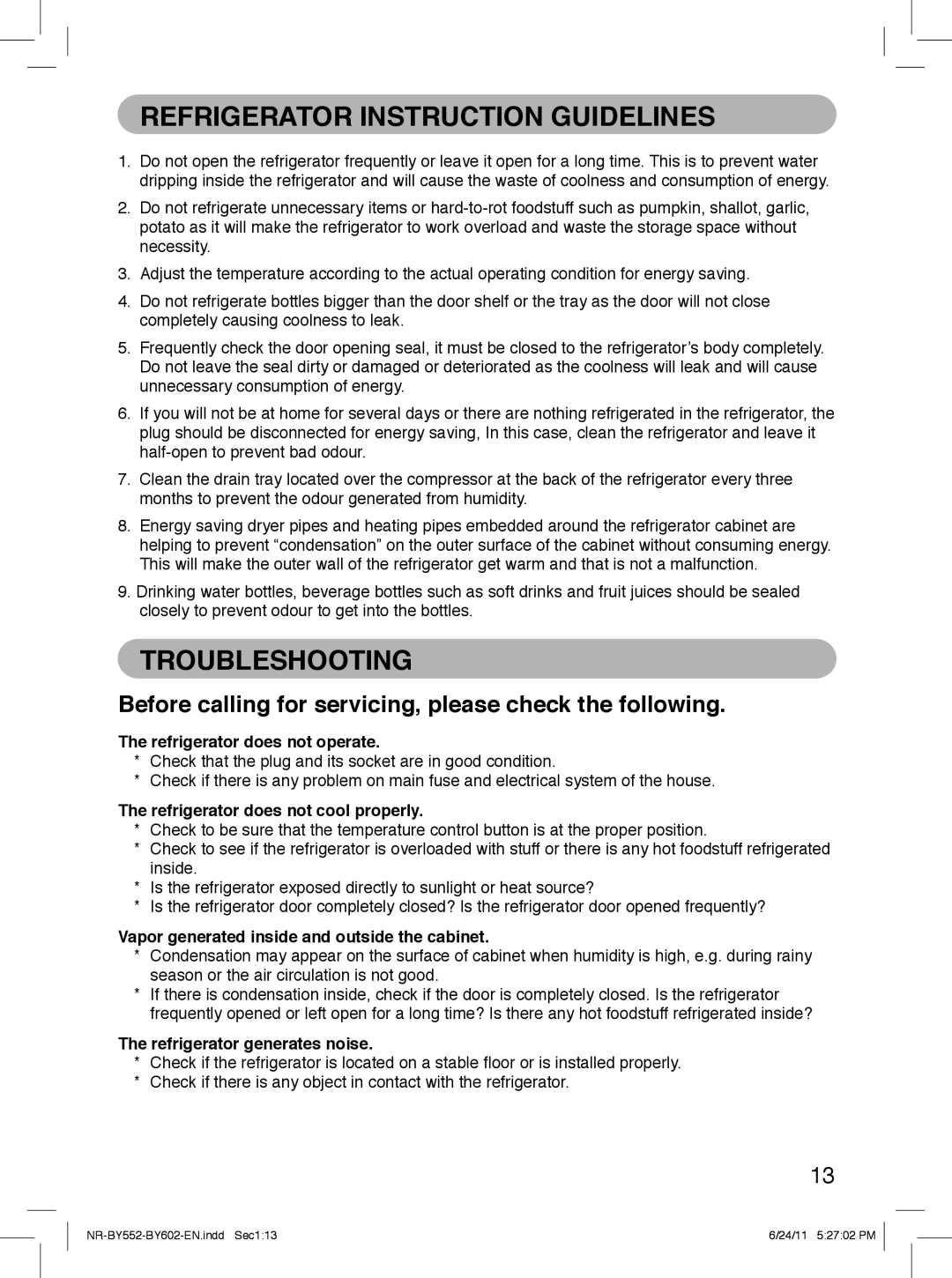 Panasonic NR-BY602, NR-BY552 operating instructions Refrigerator Instruction Guidelines, Troubleshooting 