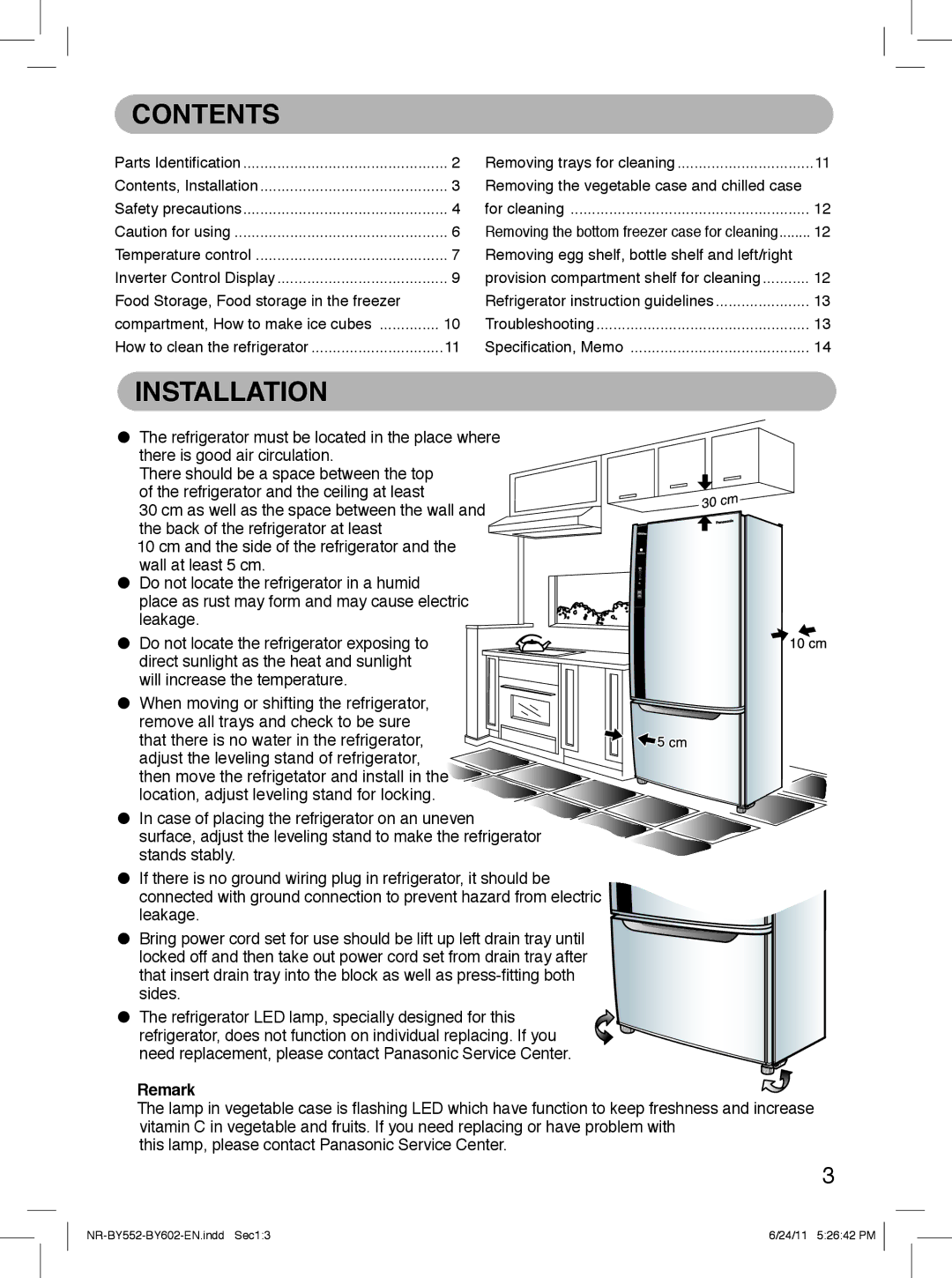 Panasonic NR-BY602, NR-BY552 operating instructions Contents, Installation 