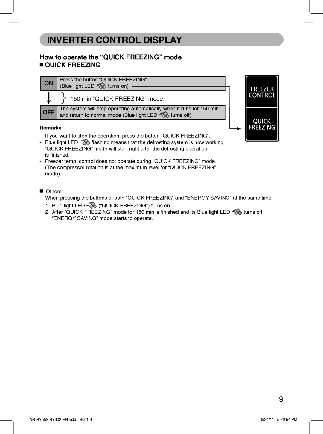 Panasonic NR-BY602, NR-BY552 operating instructions Inverter Control Display, How to operate the Quick Freezing mode, Off 