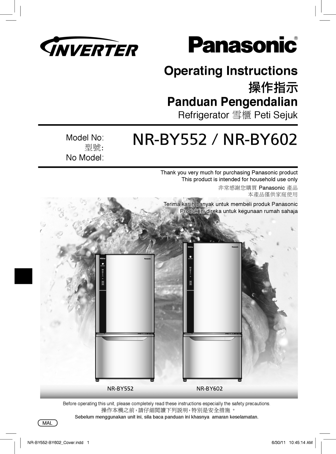 Panasonic operating instructions Model No No Model, NR-BY552 / NR-BY602, Operating Instructions Panduan Pengendalian 