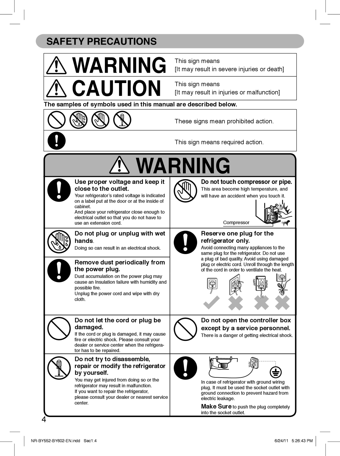 Panasonic NR-BY552, NR-BY602 operating instructions Safety Precautions 