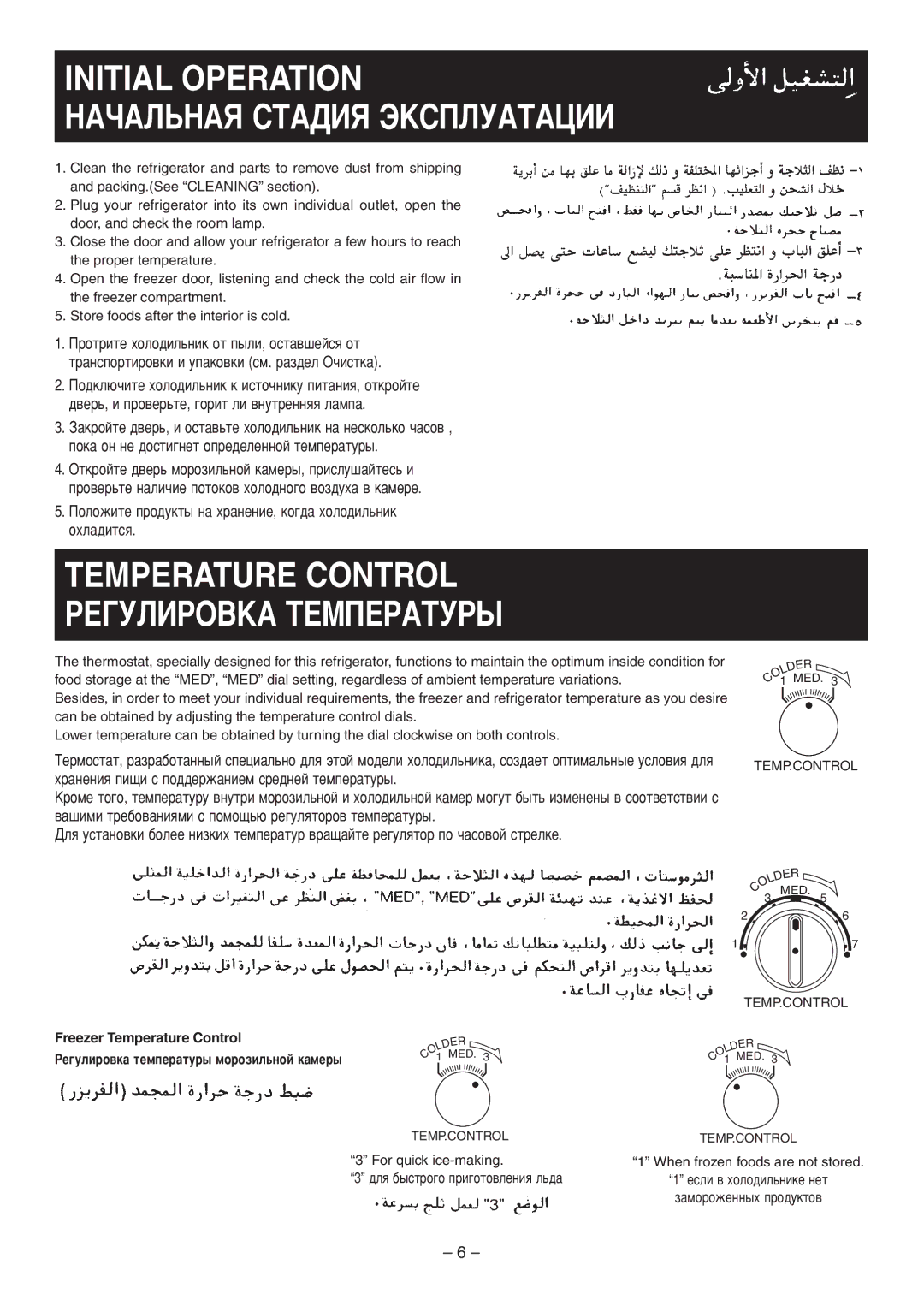 Panasonic NR-C703MS Initial Operation, ÇÄóÄãúçÄü ëíÄÑàü ùäëèãìÄíÄñàà, Temperature Control, ÊÖÉìãàêéÇäÄ íÖåèÖêÄíìêõ 