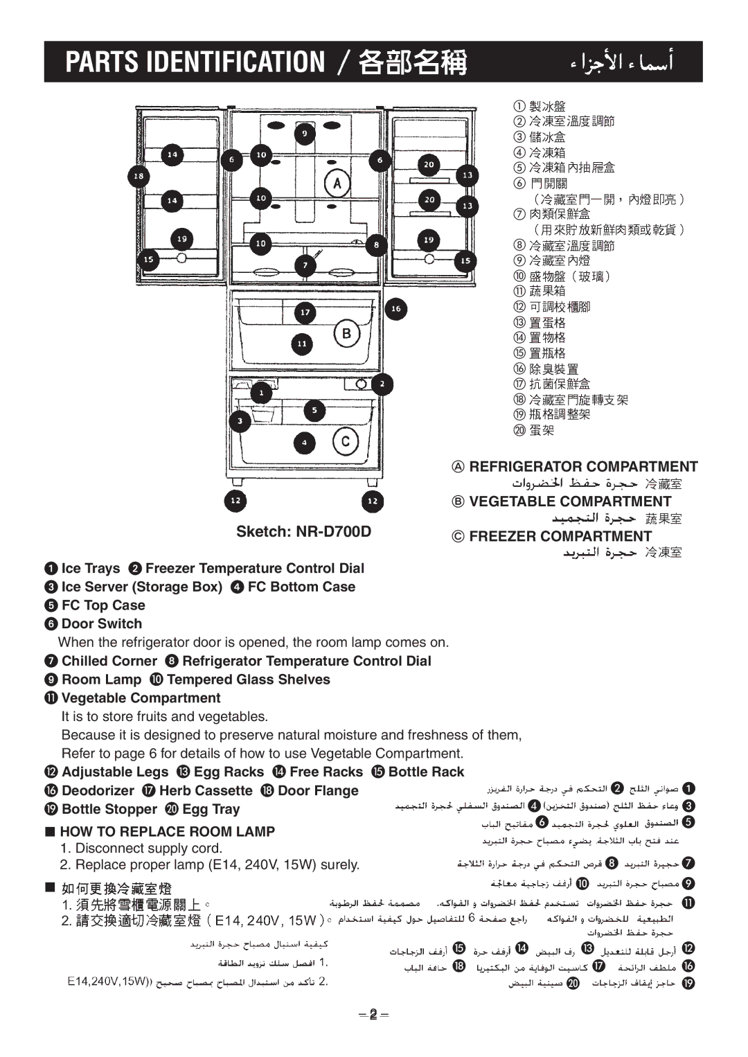 Panasonic operating instructions Parts Identification, Sketch NR-D700D 