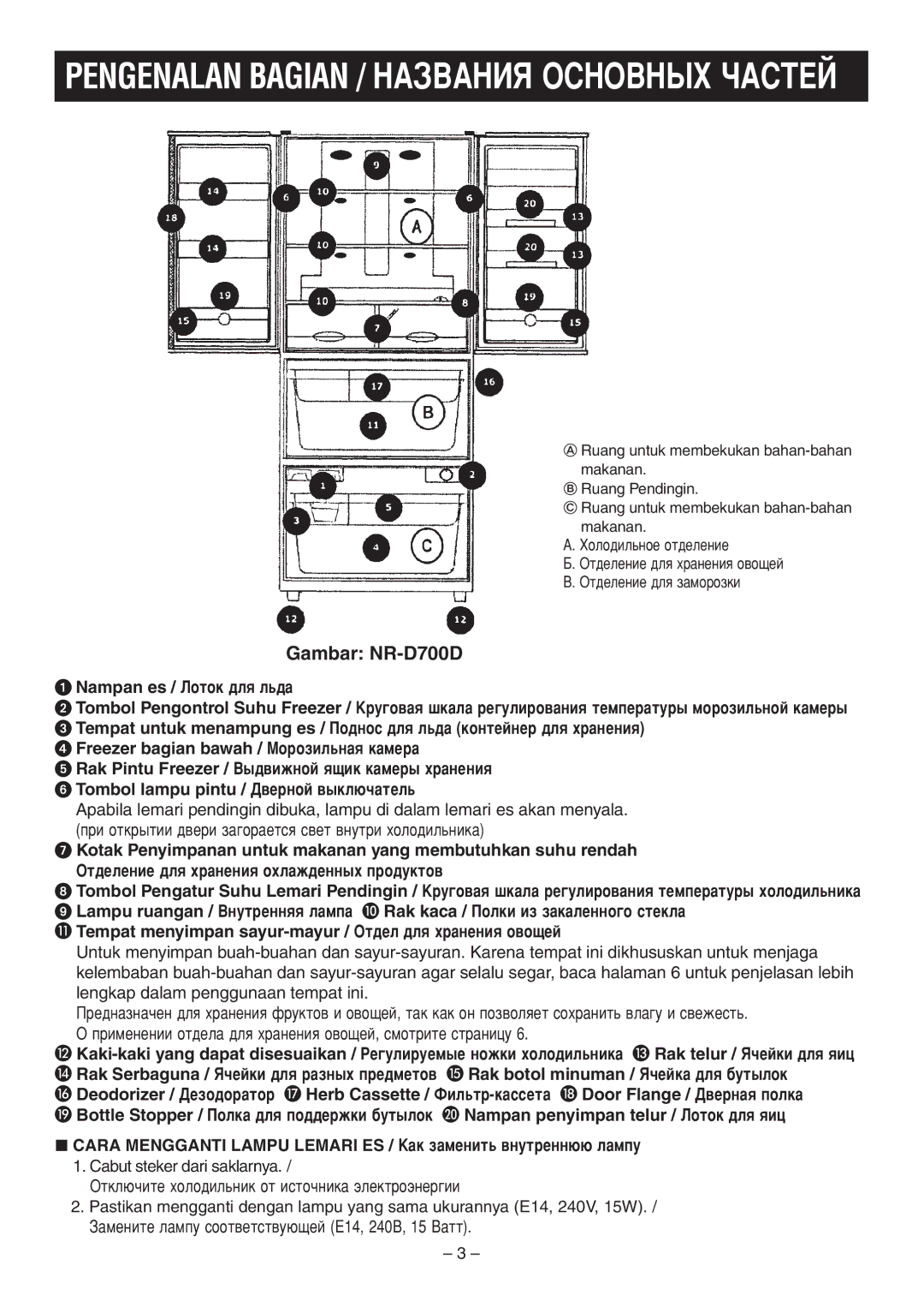 Panasonic NR-D700D operating instructions Rak telur / ü˜ÂÈÍË ‰Îﬂ ﬂËˆ, Rak Serbaguna / ü˜ÂÈÍË ‰Îﬂ ‡ÁÌ˚ı ÔÂ‰ÏÂÚÓ‚ 