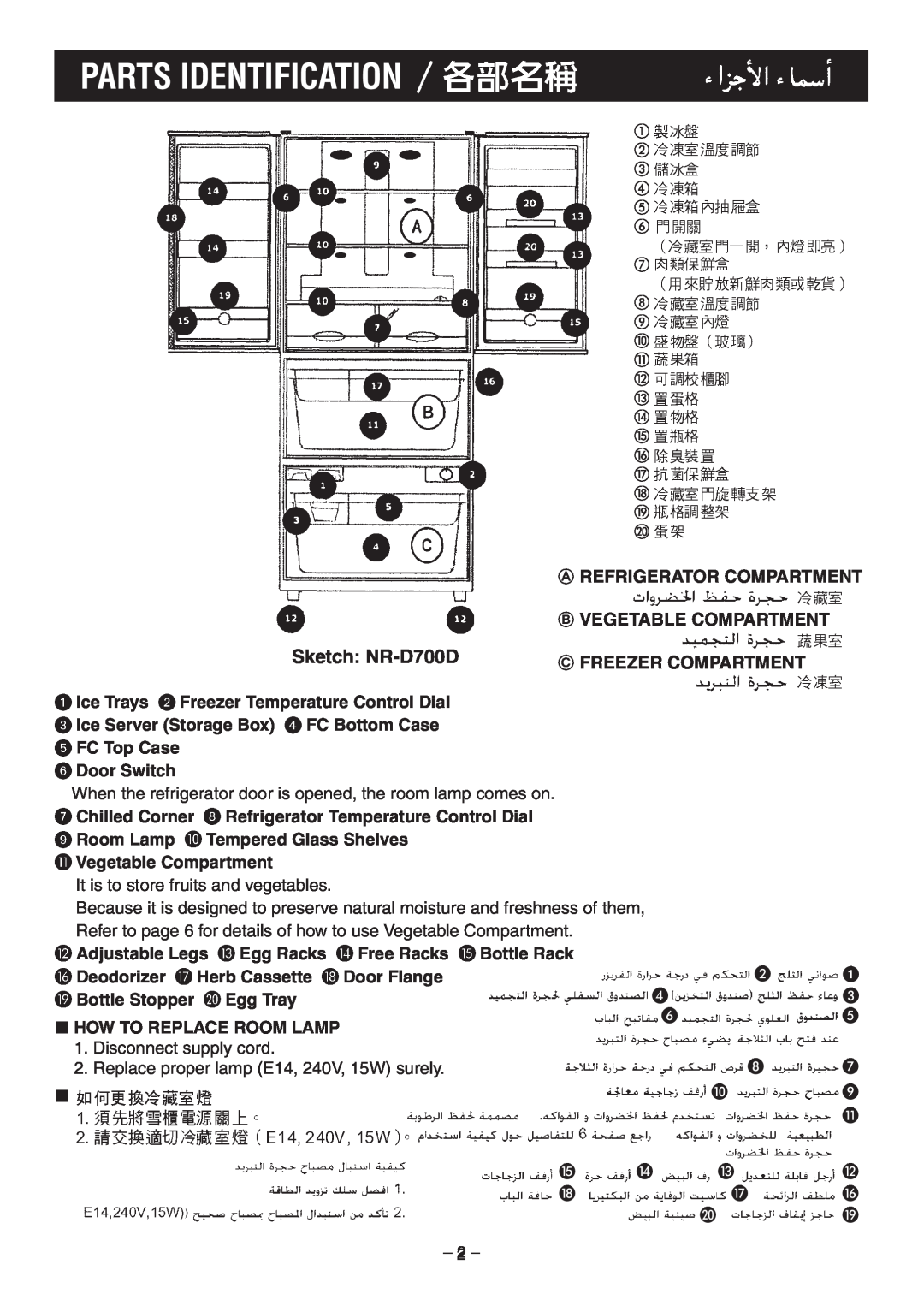 Panasonic operating instructions Parts Identification, Sketch NR-D700D 