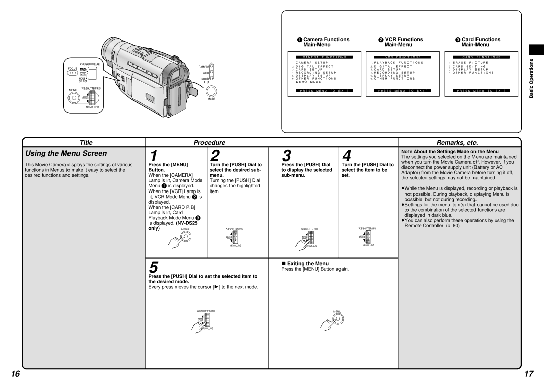 Panasonic NV-DS15 Using the Menu Screen, Camera Functions Main-Menu, VCR Functions Main-Menu, Card Functions Main-Menu 