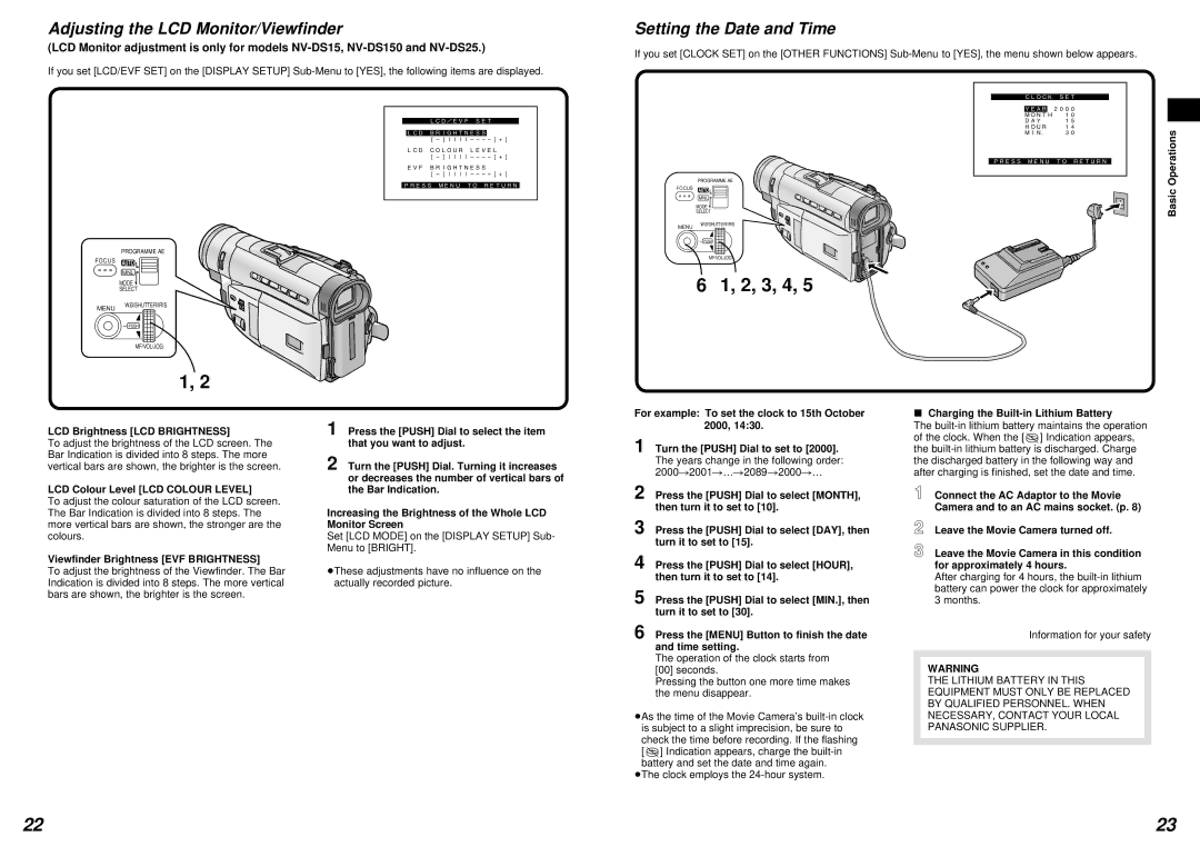 Panasonic NV-DS15 operating instructions Adjusting the LCD Monitor/Viewfinder, Setting the Date and Time 