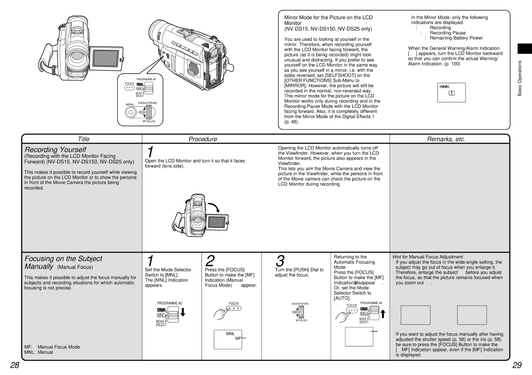 Panasonic NV-DS15 operating instructions Recording Yourself, Focusing on the Subject, Recording with the LCD Monitor Facing 