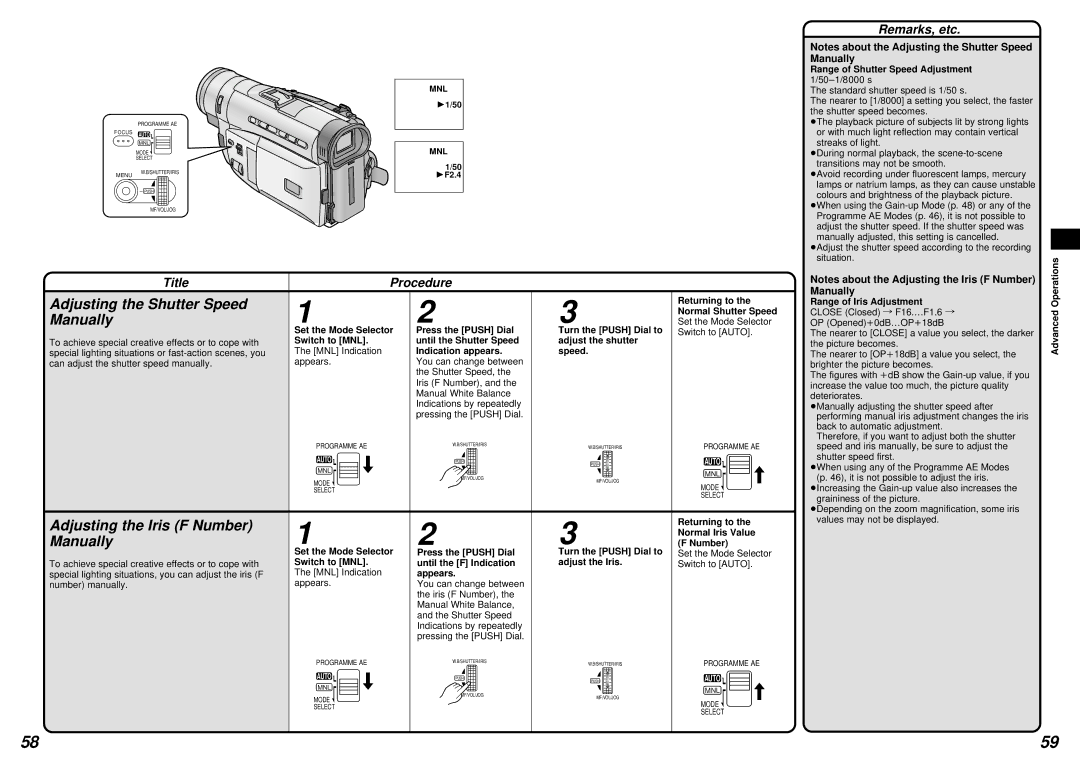 Panasonic NV-DS15 operating instructions Adjusting the Shutter Speed Manually, Adjusting the Iris F Number Manually 