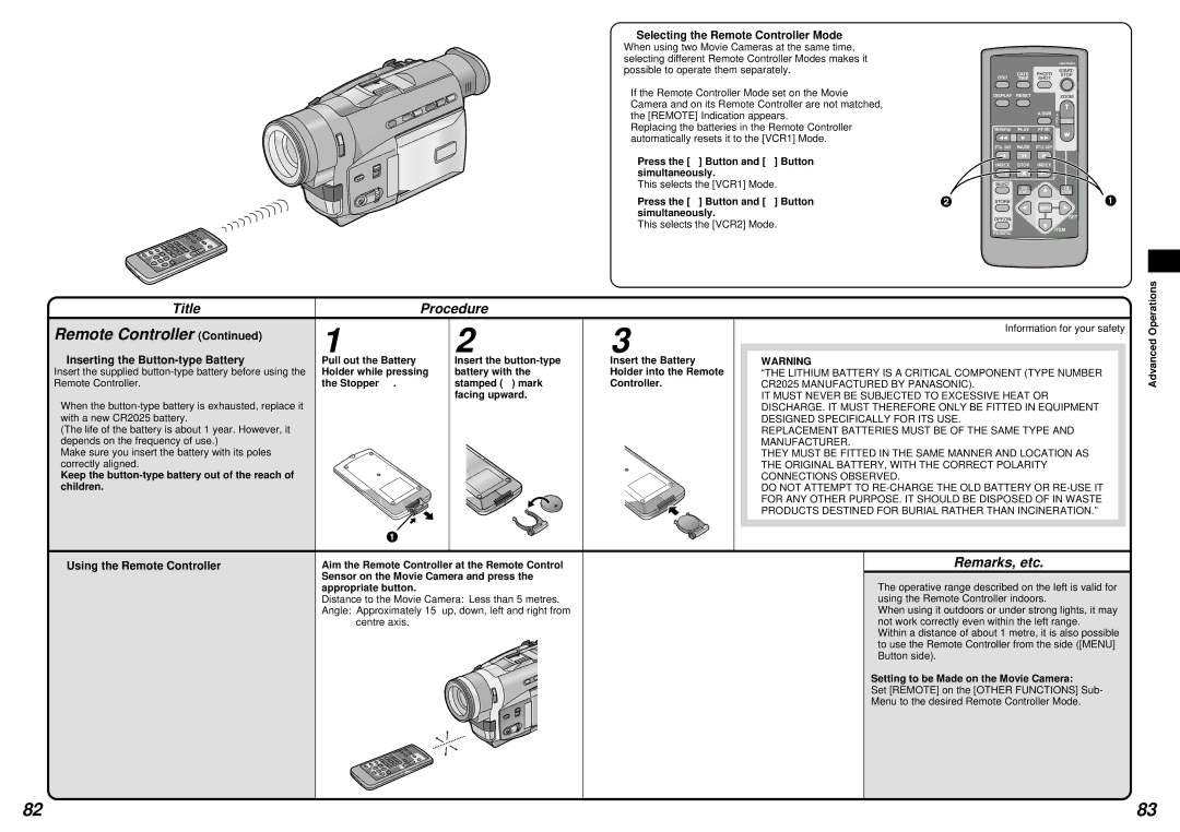 Panasonic NV-DS15 Selecting the Remote Controller Mode, Inserting the Button-type Battery, Using the Remote Controller 