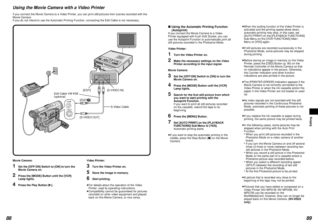 Panasonic NV-DS15 Using the Movie Camera with a Video Printer, Using the Automatic Printing Function Autoprint 