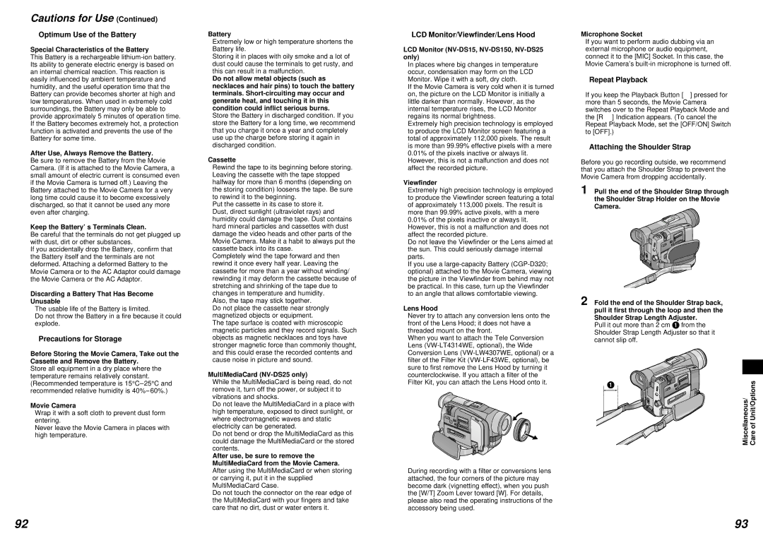 Panasonic NV-DS15 Optimum Use of the Battery, Precautions for Storage, LCD Monitor/Viewfinder/Lens Hood, Repeat Playback 