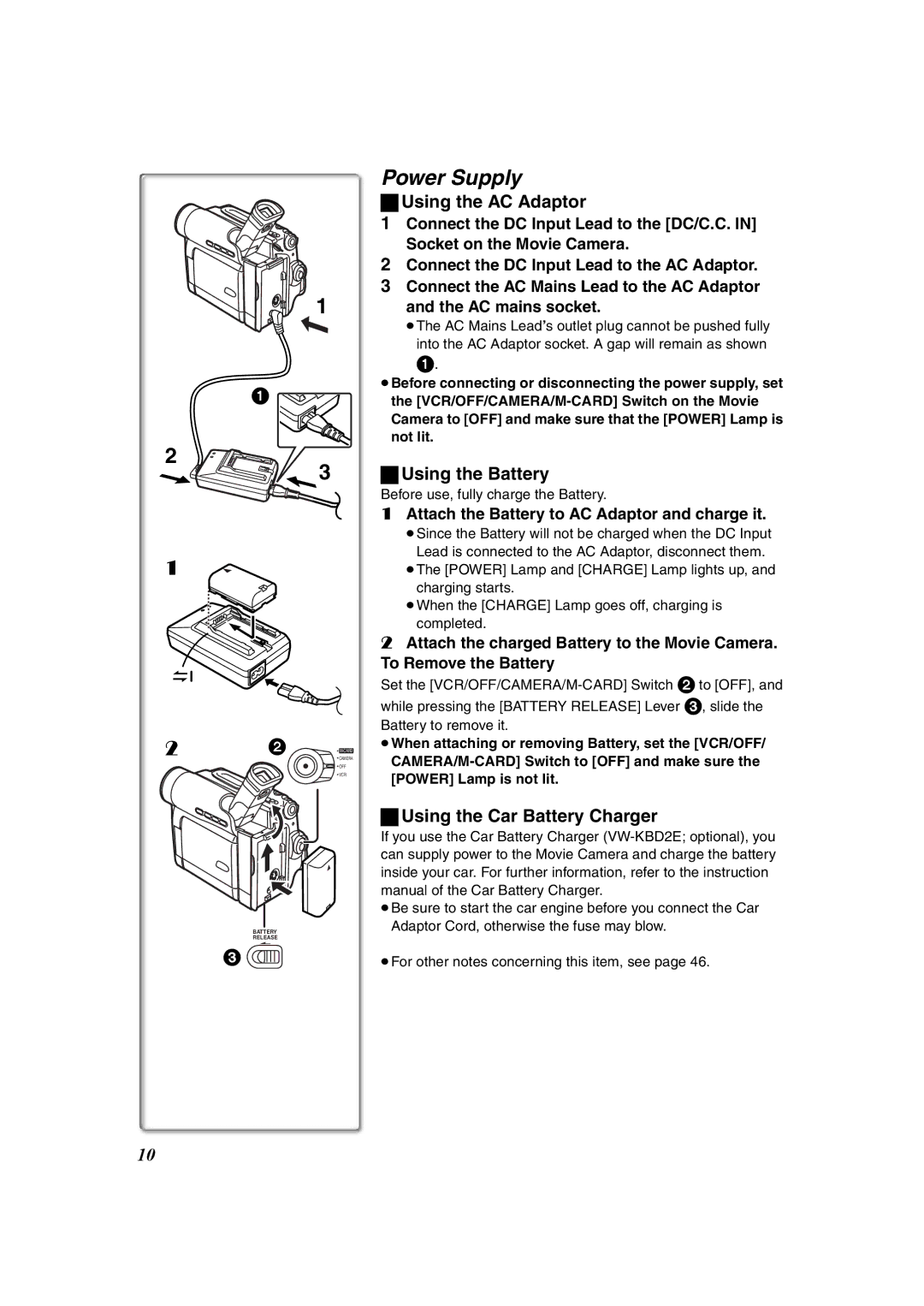 Panasonic NV-DS60, NV-DS65 Power Supply, Using the AC Adaptor, Using the Battery, Using the Car Battery Charger 