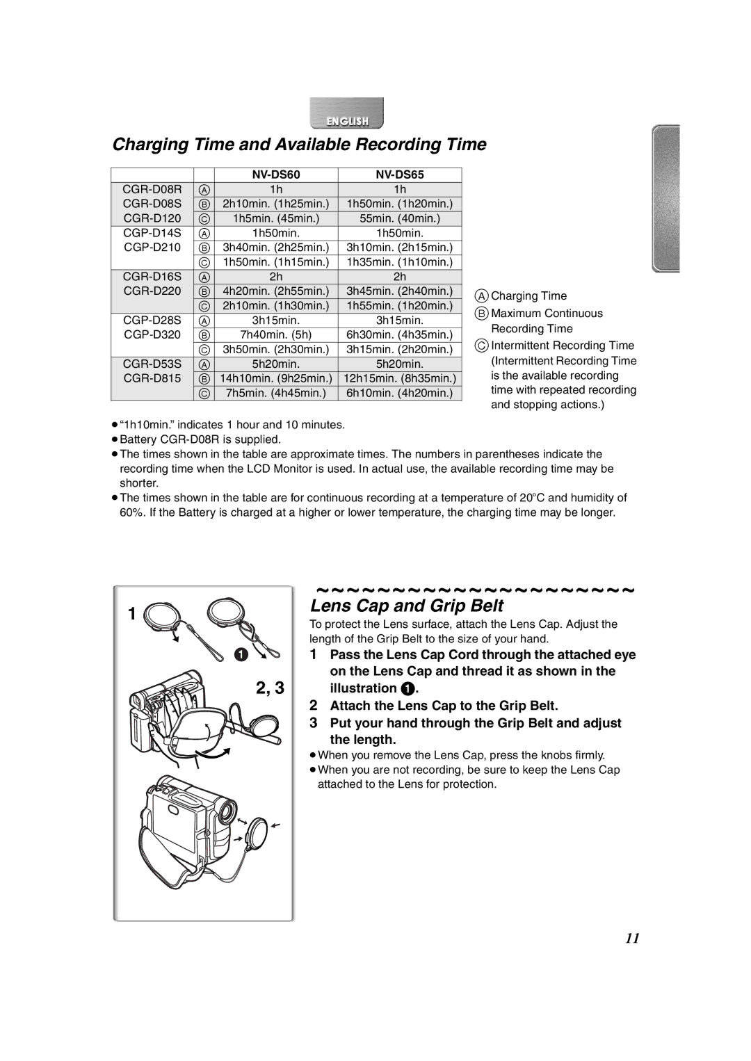 Panasonic NV-DS65, NV-DS60 Charging Time and Available Recording Time, Lens Cap and Grip Belt, Stopping actions 