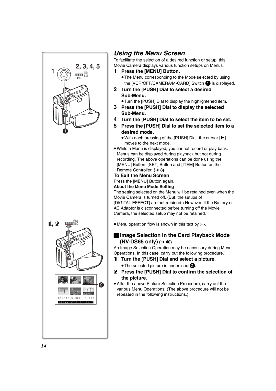 Panasonic NV-DS60 operating instructions Using the Menu Screen, Image Selection in the Card Playback Mode NV-DS65 only l40 