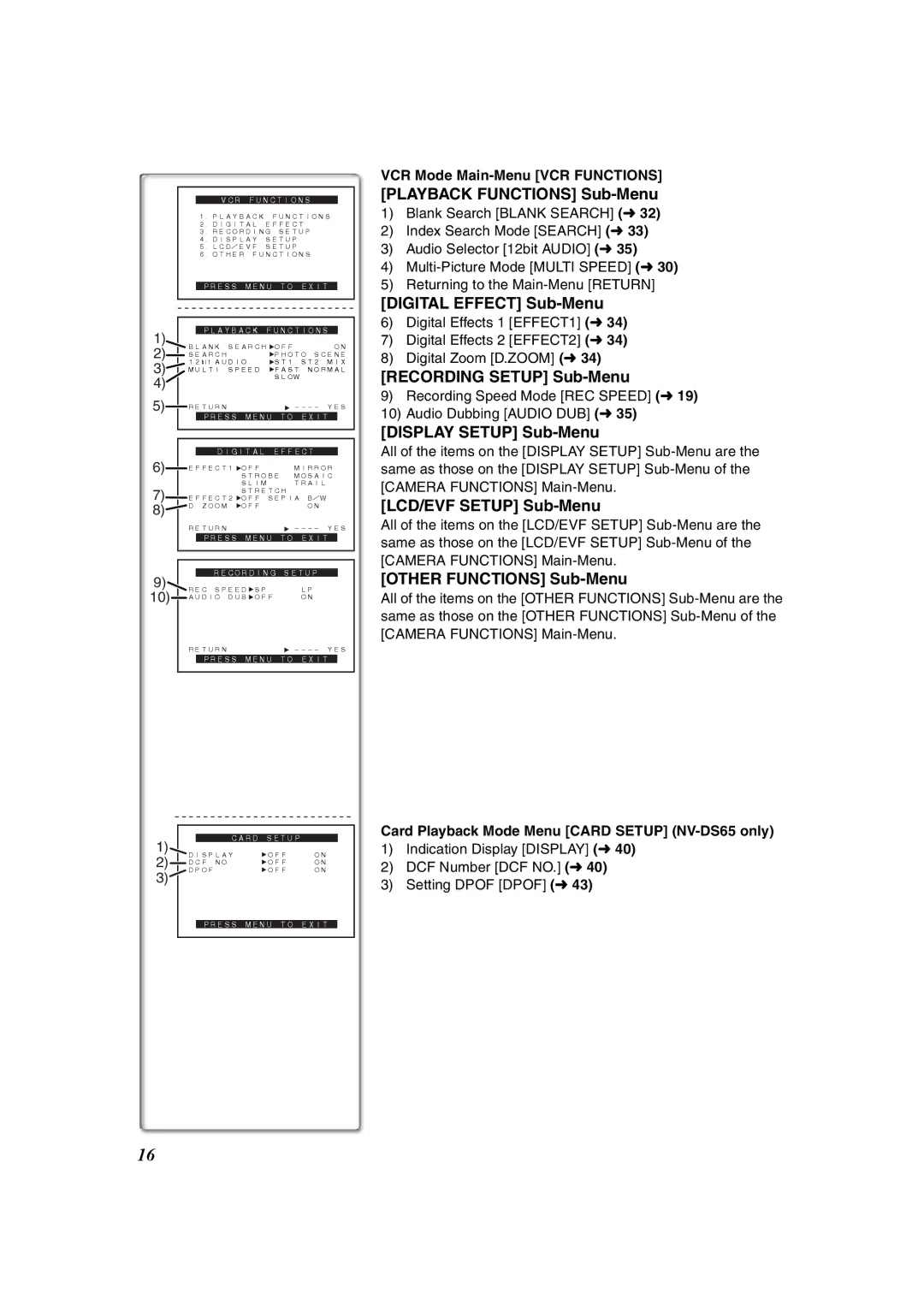 Panasonic NV-DS60, NV-DS65 operating instructions Playback Functions Sub-Menu, VCR Mode Main-Menu VCR Functions 