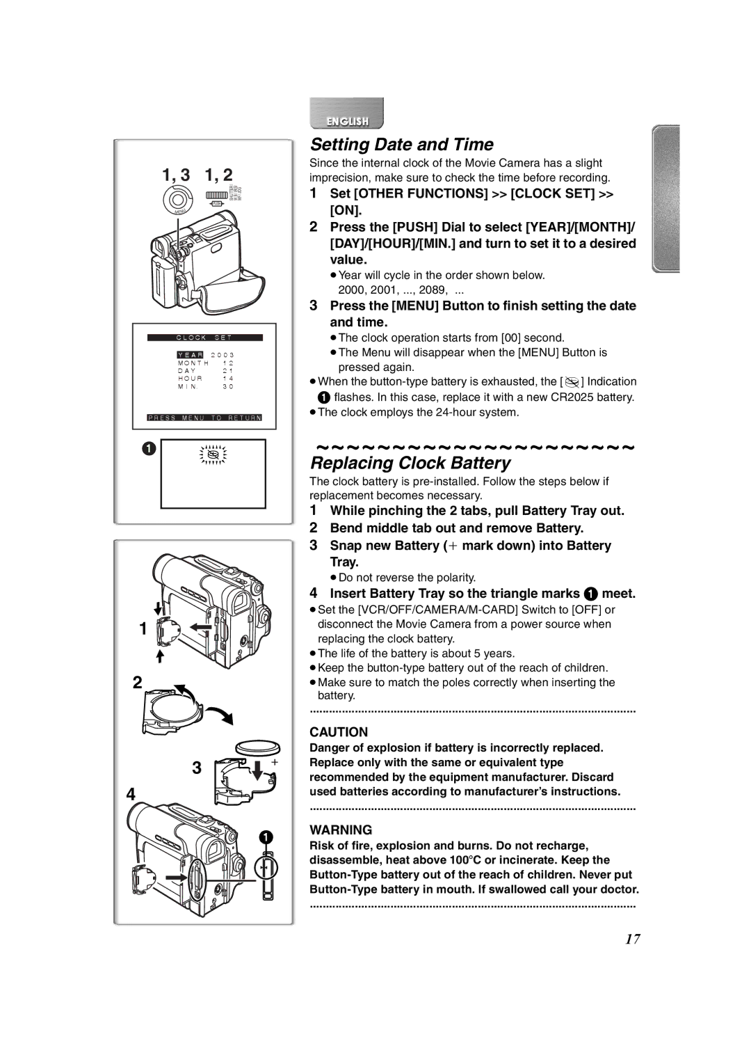 Panasonic NV-DS65 Setting Date and Time, Replacing Clock Battery, Insert Battery Tray so the triangle marks 1 meet 