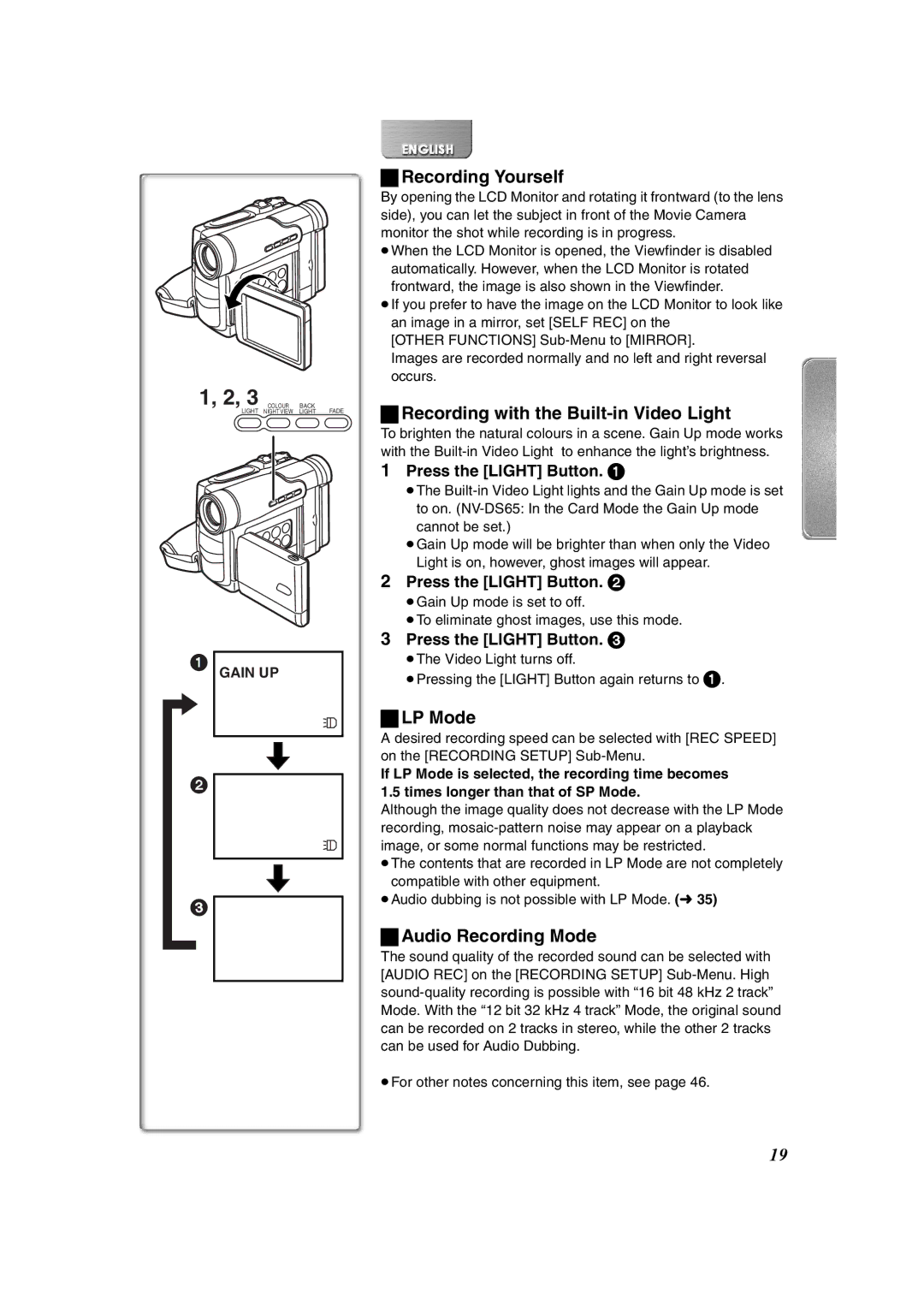 Panasonic NV-DS65, NV-DS60 Recording Yourself, Recording with the Built-in Video Light, LP Mode, Audio Recording Mode 