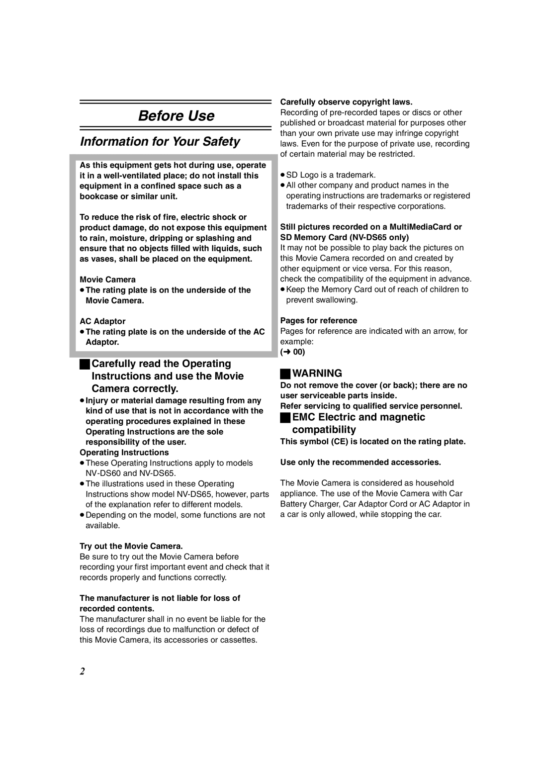 Panasonic NV-DS60, NV-DS65 operating instructions Information for Your Safety, EMC Electric and magnetic Compatibility 