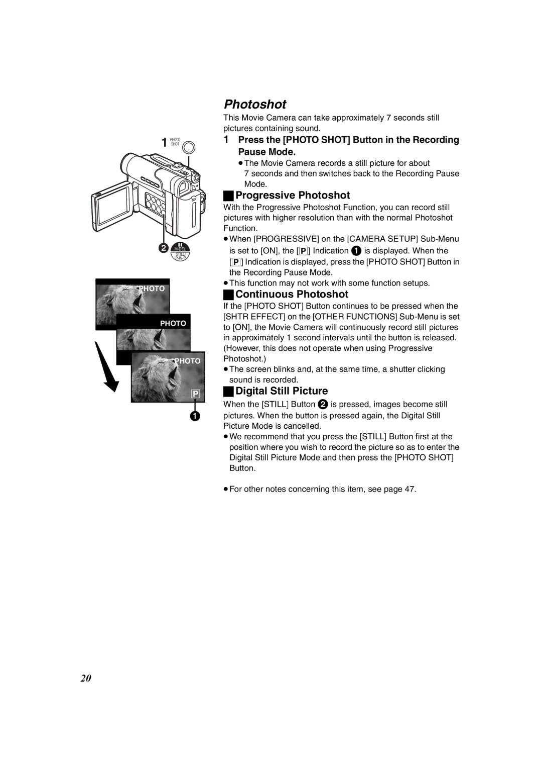 Panasonic NV-DS60, NV-DS65 operating instructions Progressive Photoshot, Continuous Photoshot, Digital Still Picture 