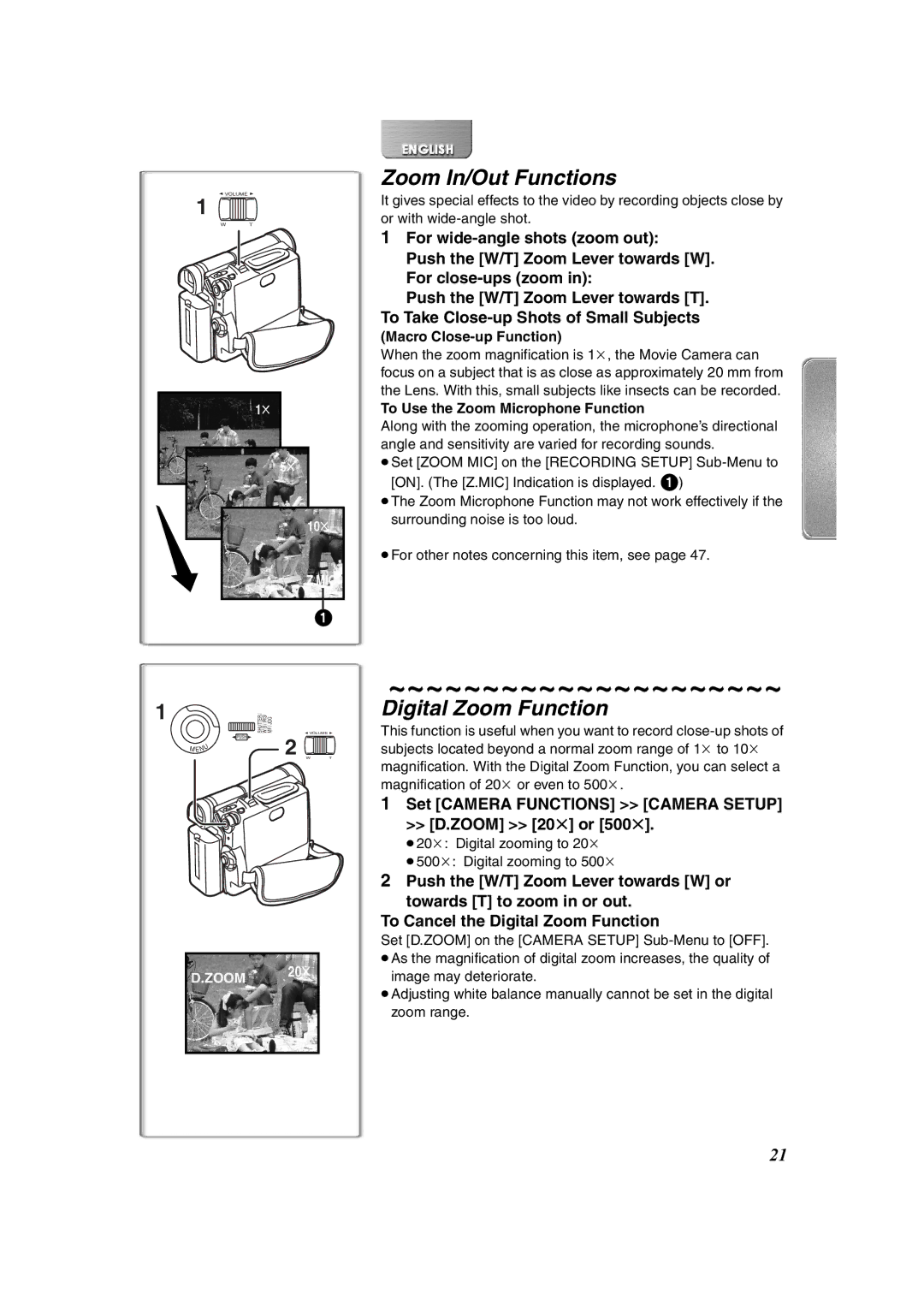 Panasonic NV-DS65 Zoom In/Out Functions, Digital Zoom Function, Set Camera Functions Camera Setup Zoom 20t or 500t 