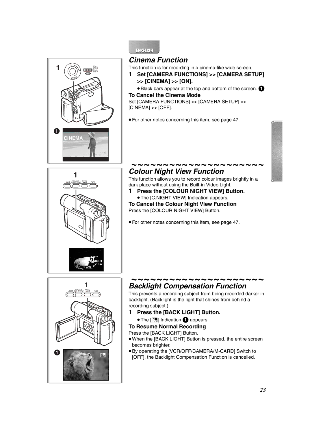 Panasonic NV-DS65, NV-DS60 Cinema Function, Colour Night View Function, Backlight Compensation Function 