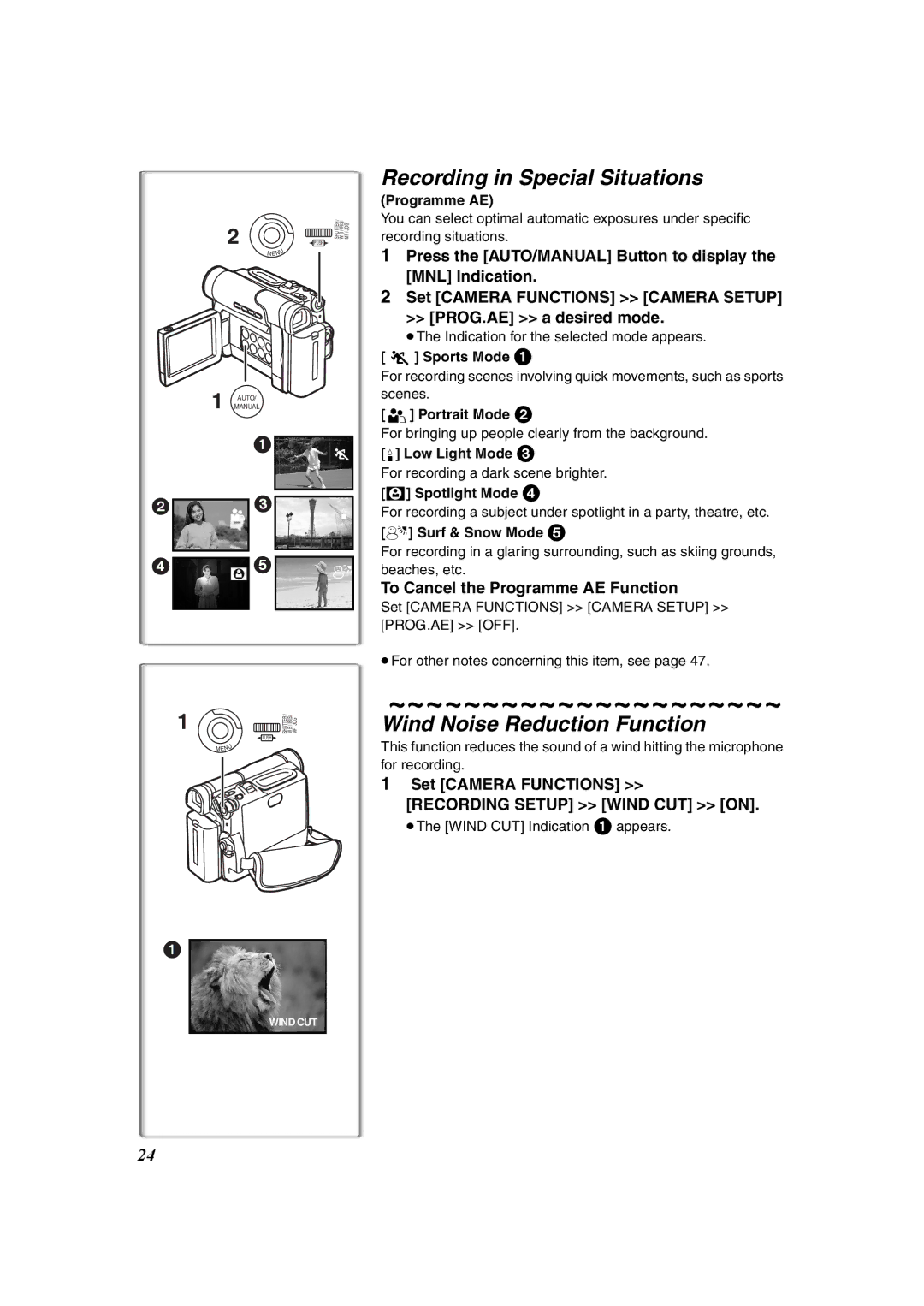 Panasonic NV-DS60 Recording in Special Situations, Wind Noise Reduction Function, To Cancel the Programme AE Function 