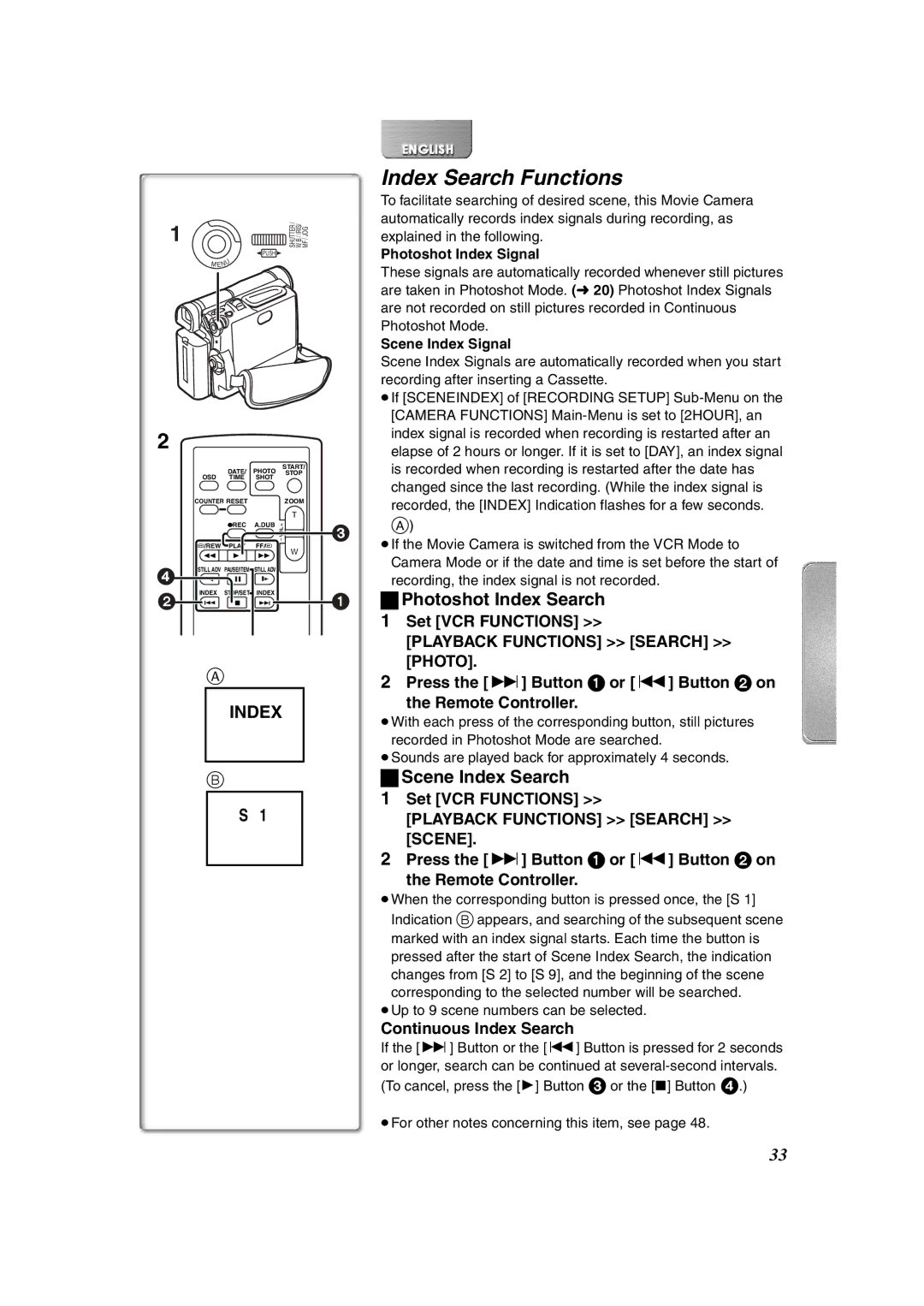 Panasonic NV-DS65, NV-DS60 Index Search Functions, ªPhotoshot Index Search, Scene Index Search, Continuous Index Search 