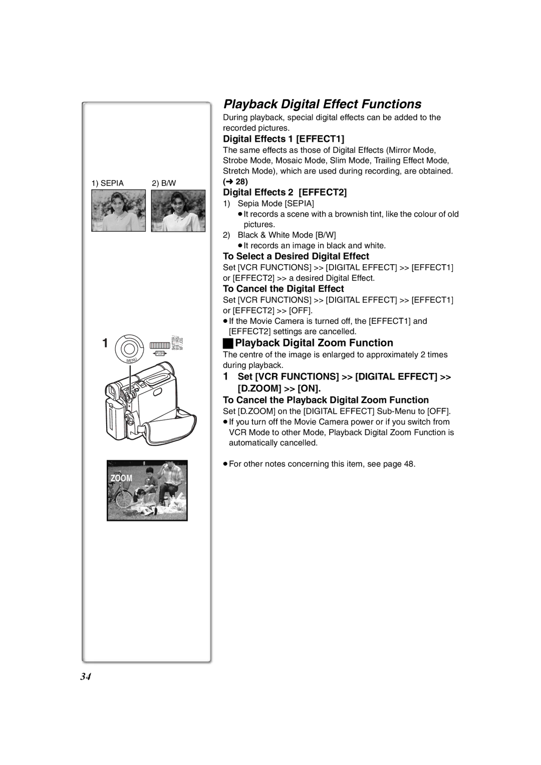 Panasonic NV-DS60, NV-DS65 Playback Digital Effect Functions, Playback Digital Zoom Function, Digital Effects 1 EFFECT1 