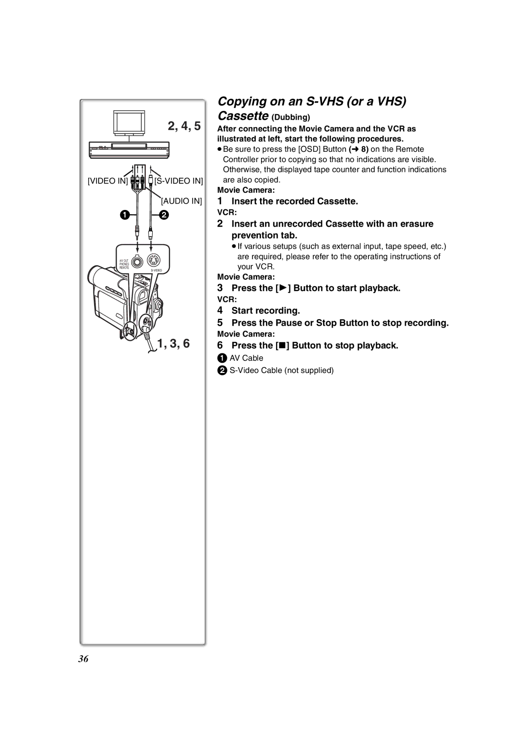 Panasonic NV-DS60, NV-DS65 Copying on an S-VHS or a VHS Cassette Dubbing, Insert the recorded Cassette, Movie Camera 