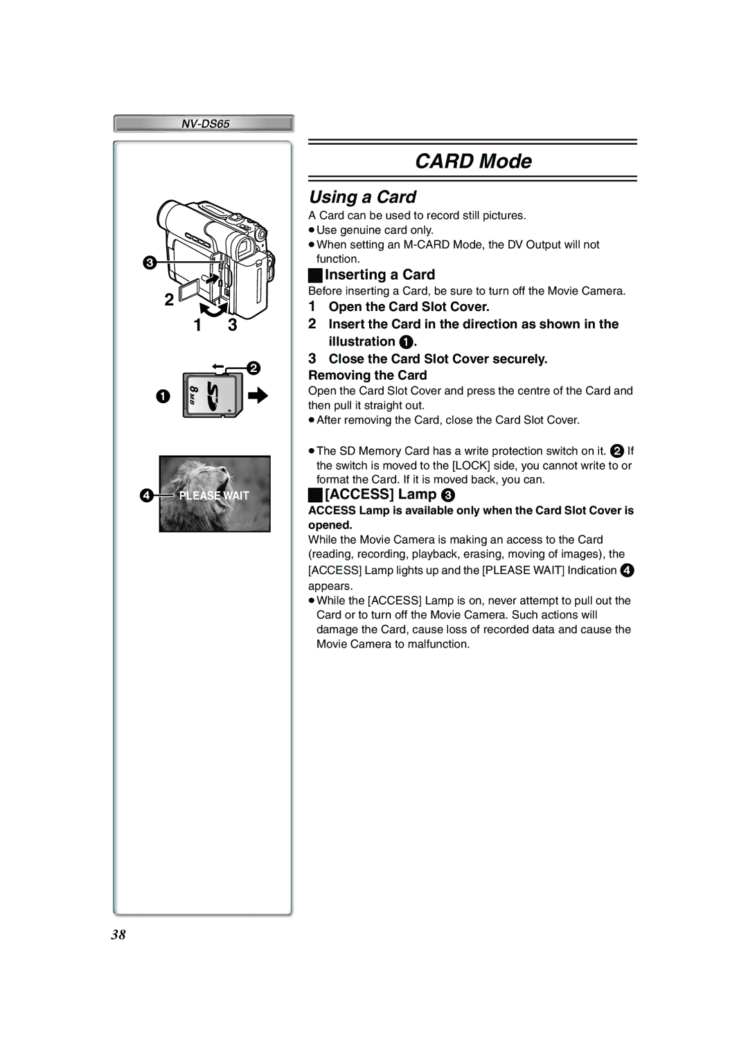 Panasonic NV-DS60, NV-DS65 operating instructions Using a Card, Inserting a Card, Access Lamp 