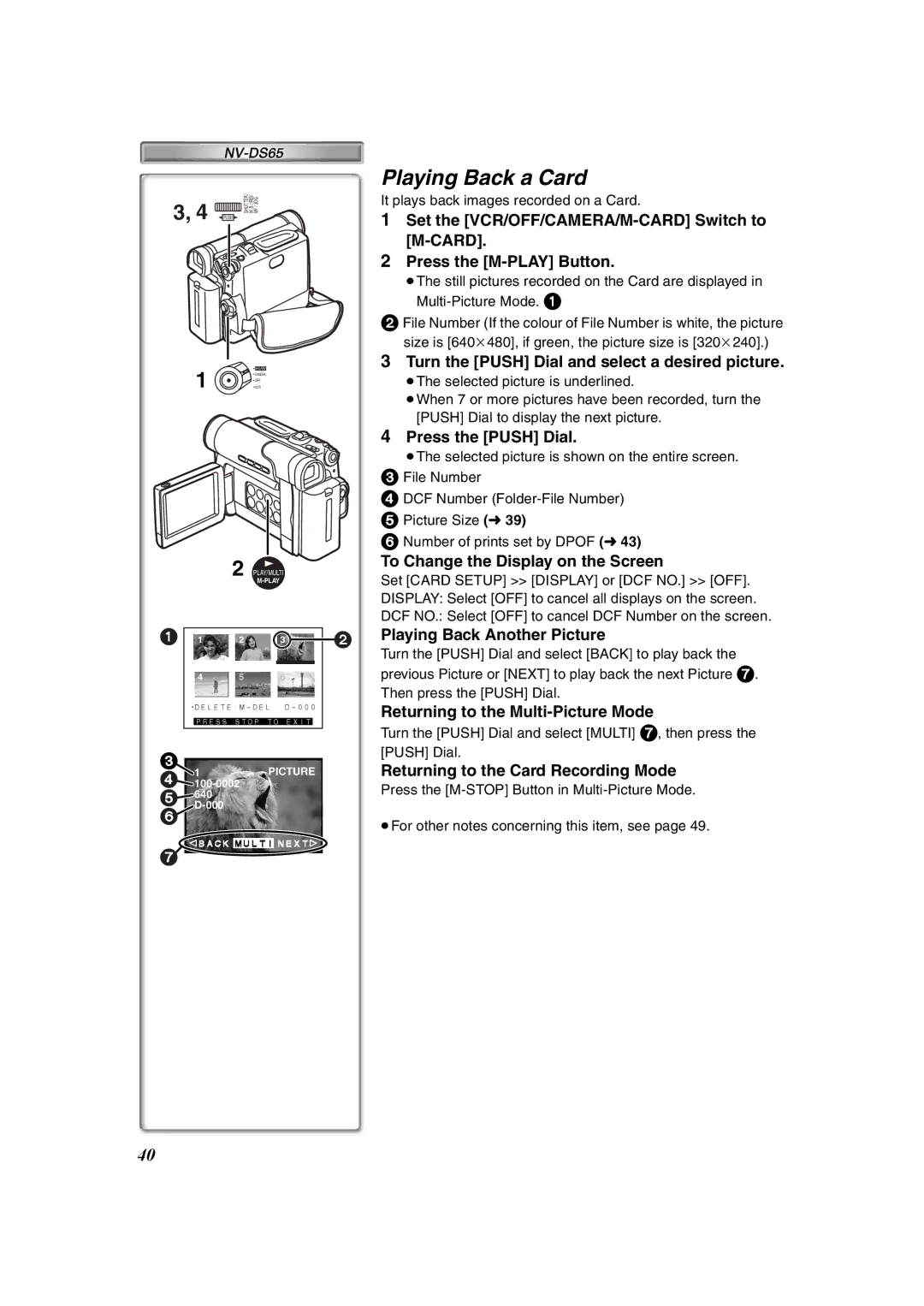 Panasonic NV-DS60, NV-DS65 operating instructions Playing Back a Card 