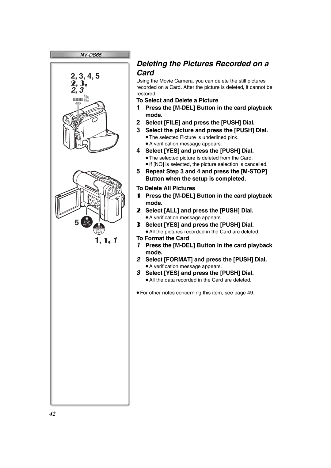 Panasonic NV-DS60, NV-DS65 Deleting the Pictures Recorded on a Card, Select YES and press the Push Dial 