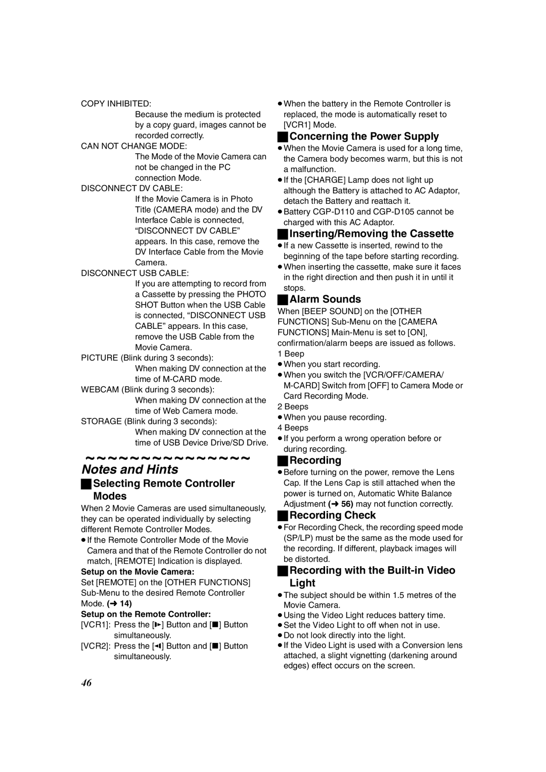 Panasonic NV-DS60, NV-DS65 Selecting Remote Controller Modes, Concerning the Power Supply, Inserting/Removing the Cassette 