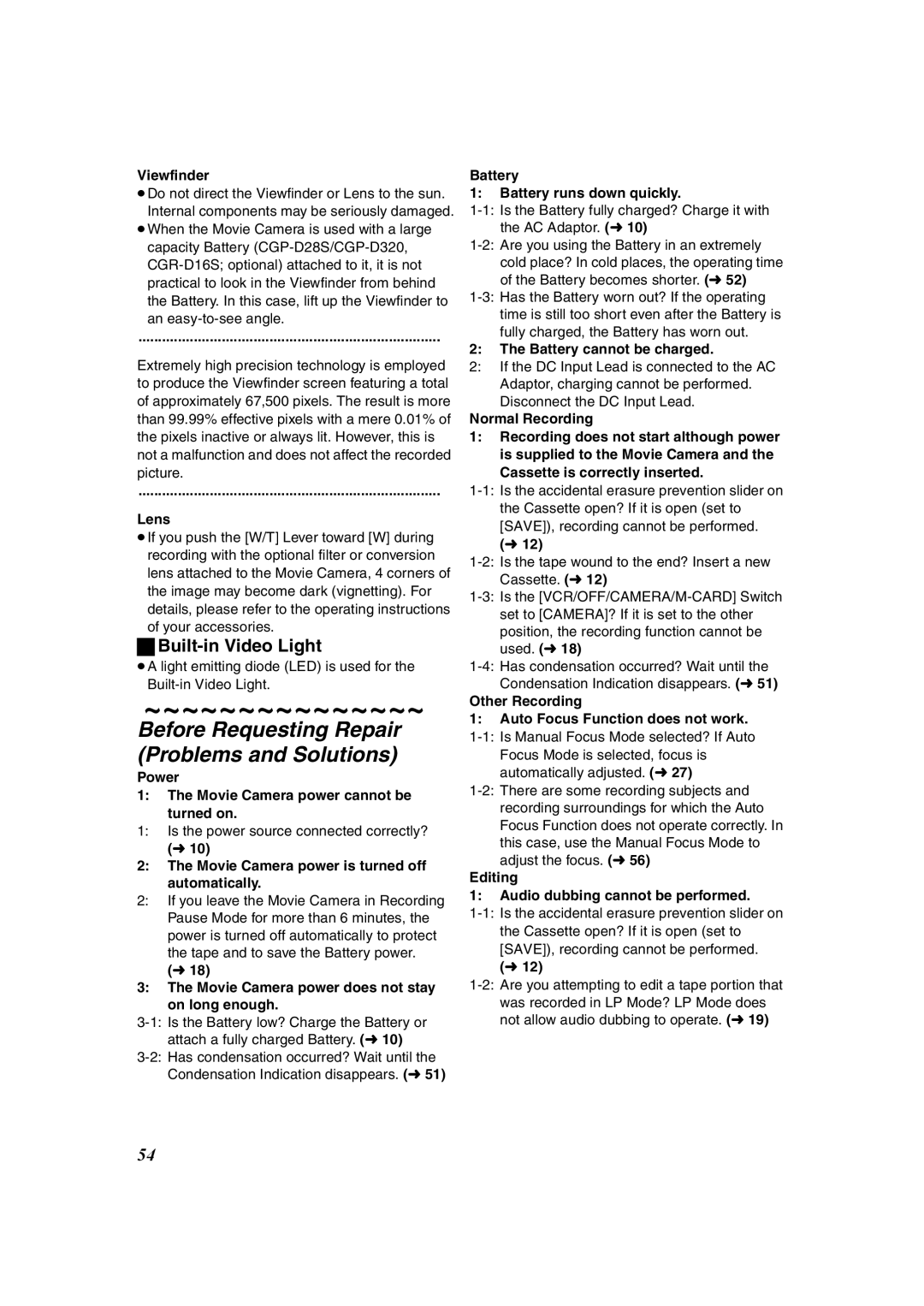 Panasonic NV-DS60, NV-DS65 operating instructions Before Requesting Repair Problems and Solutions, Built-in Video Light 