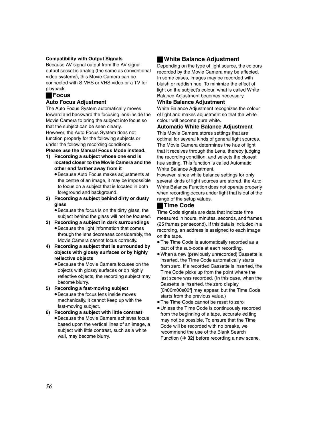 Panasonic NV-DS60, NV-DS65 operating instructions Focus, White Balance Adjustment, Time Code 