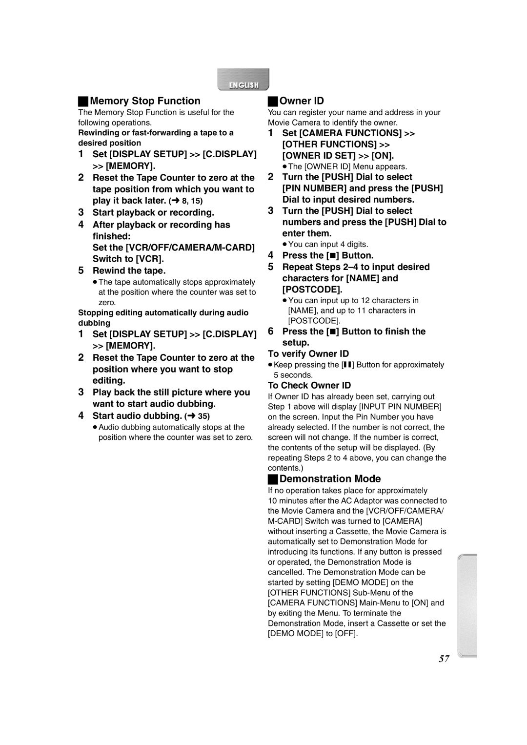 Panasonic NV-DS65, NV-DS60 operating instructions Memory Stop Function, Owner ID, Demonstration Mode 