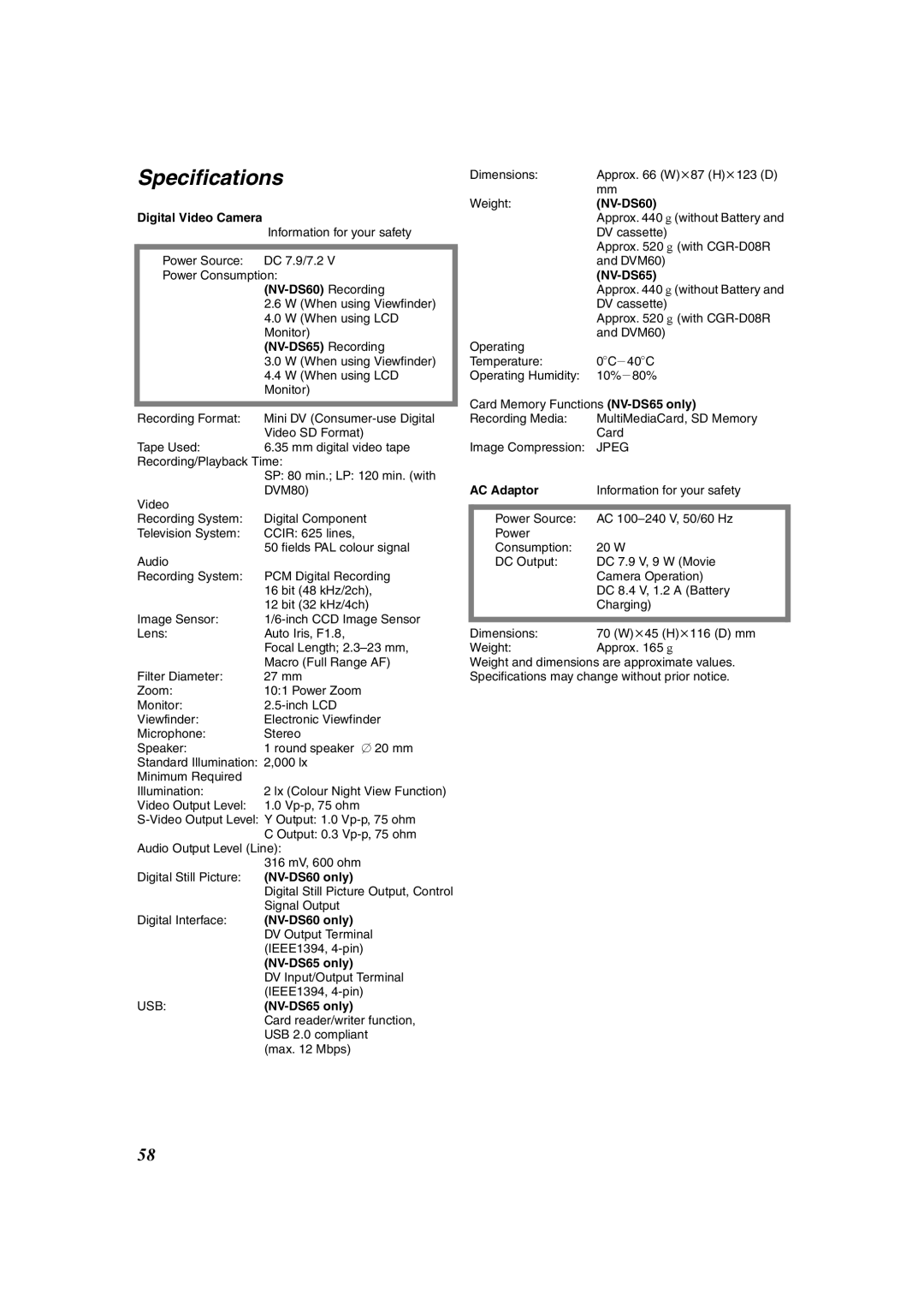 Panasonic NV-DS60 operating instructions Specifications, NV-DS65 Recording 