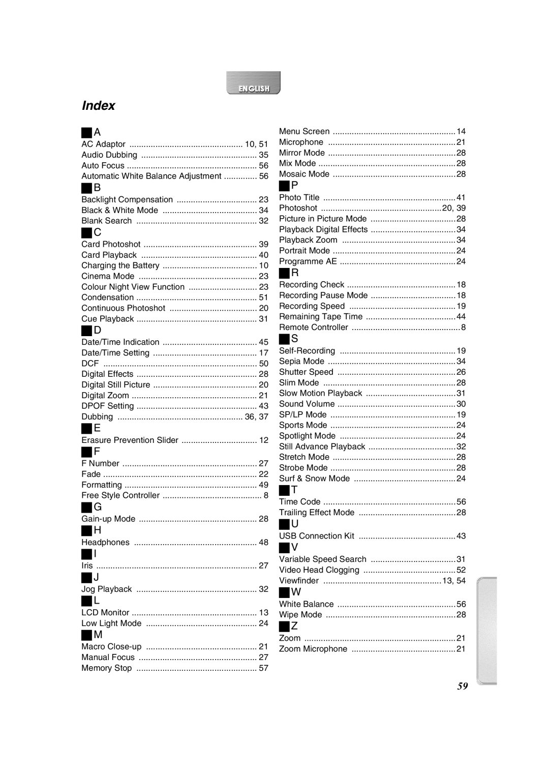 Panasonic NV-DS65, NV-DS60 operating instructions Index 